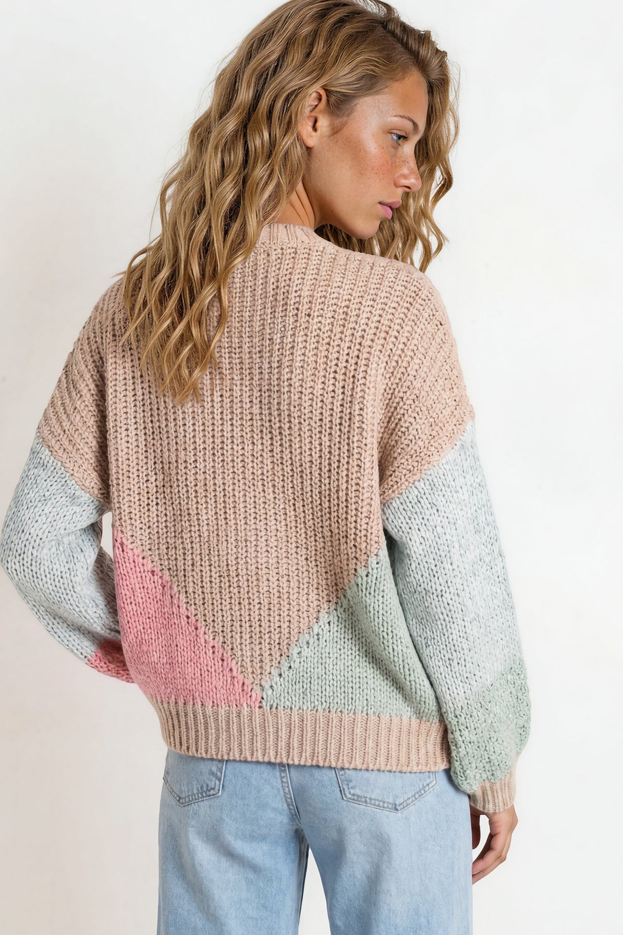 Model wearing Rubina Cardigan in Beige/Pink from Salty Crush