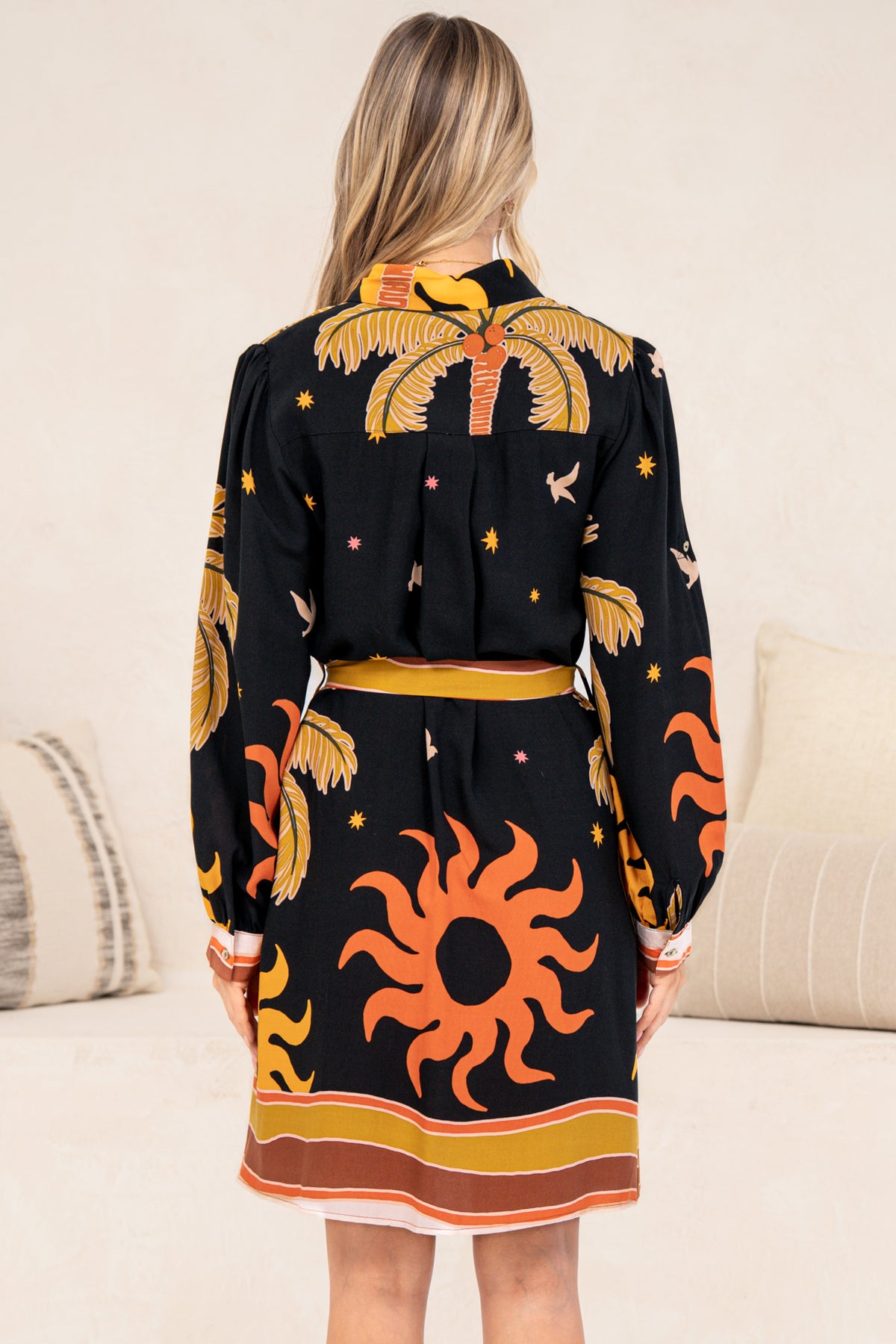 Ruby Mini Dress - Collared Shirt Balloon Sleeve Dress with Matching Belt in Midnight Desert Print