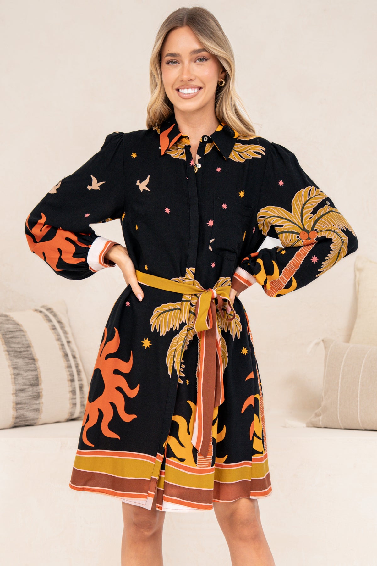 Ruby Mini Dress - Collared Shirt Balloon Sleeve Dress with Matching Belt in Midnight Desert Print