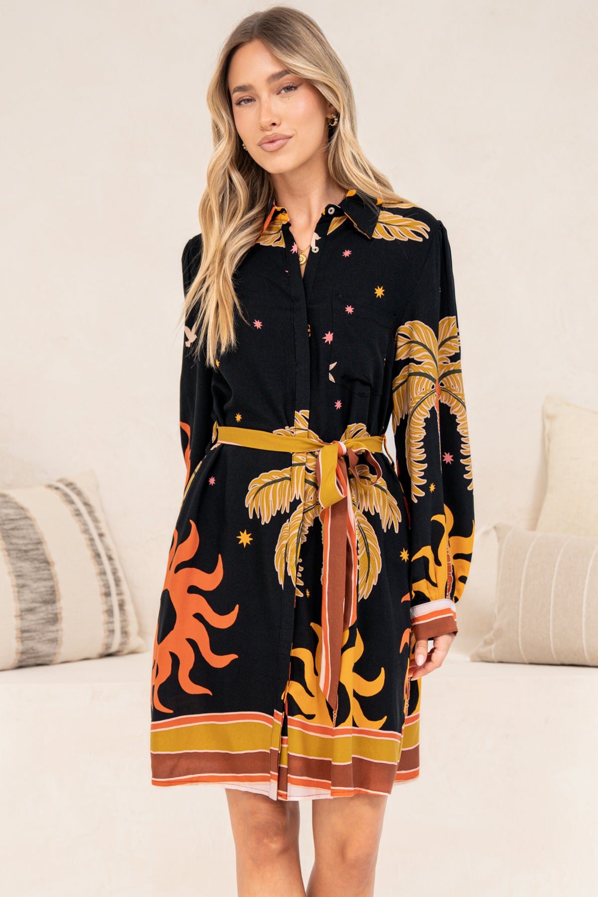 Ruby Mini Dress - Collared Shirt Balloon Sleeve Dress with Matching Belt in Midnight Desert Print