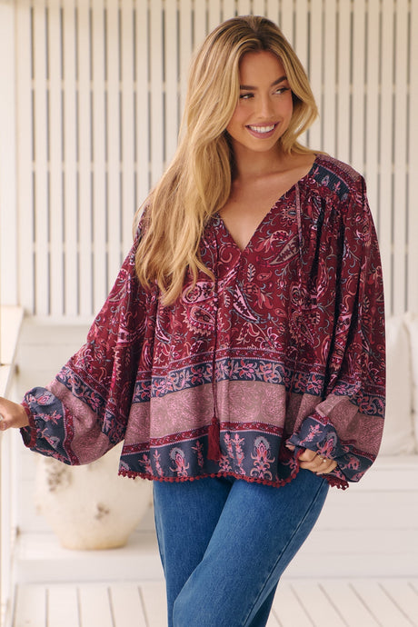 Rue Top - V Neck Smock Top with Crochet Trim in Sadie Print