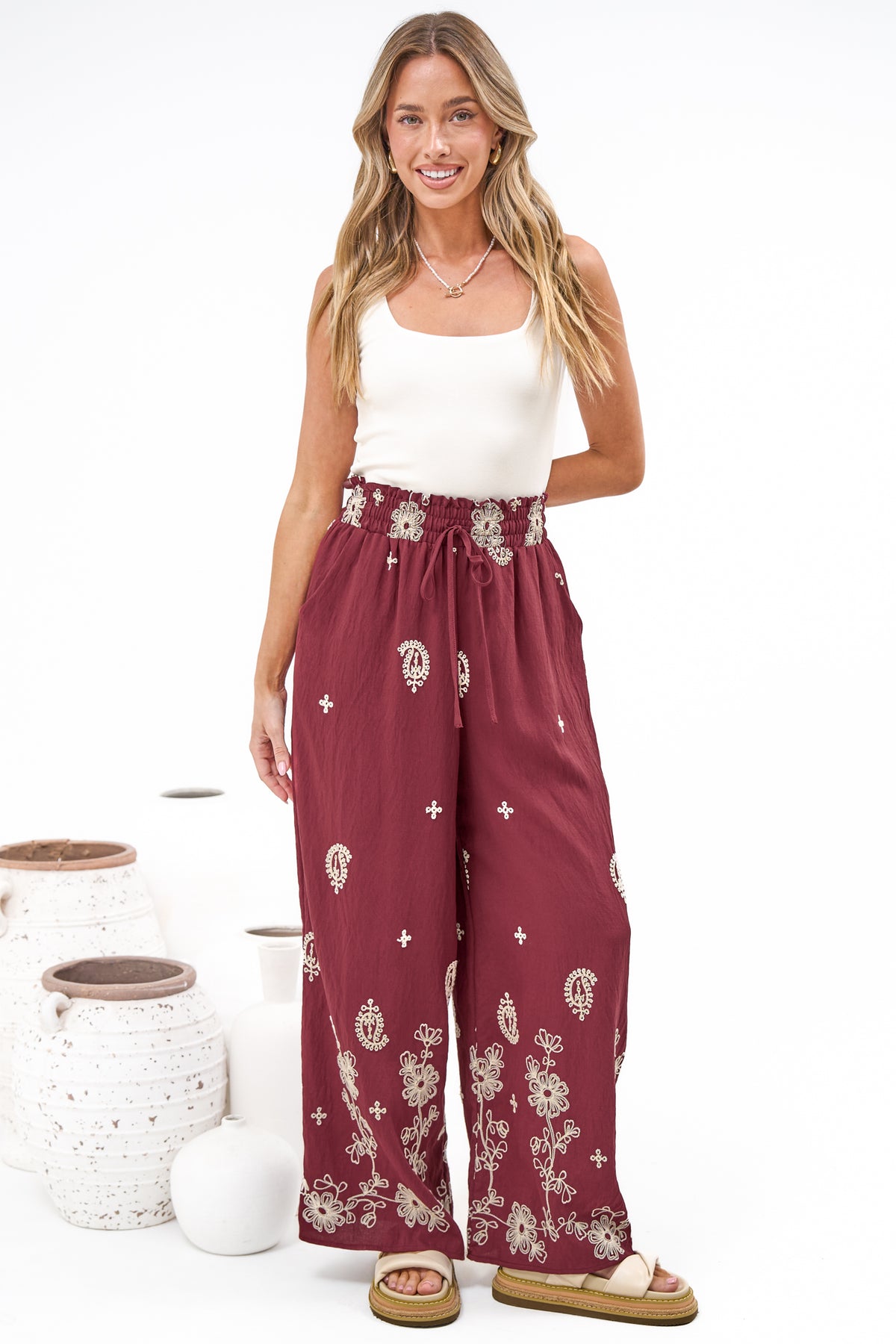 Rueben Pants - High Waisted Lined Wide Leg Pants with Pockets in Solenne Print Burgundy