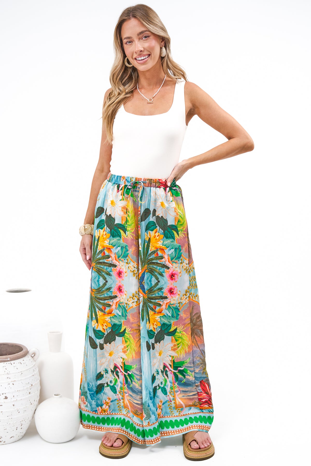 Rune Pants - High Waisted Wide Leg Pants with Elasticated Waistband and Pockets in Moanella Print