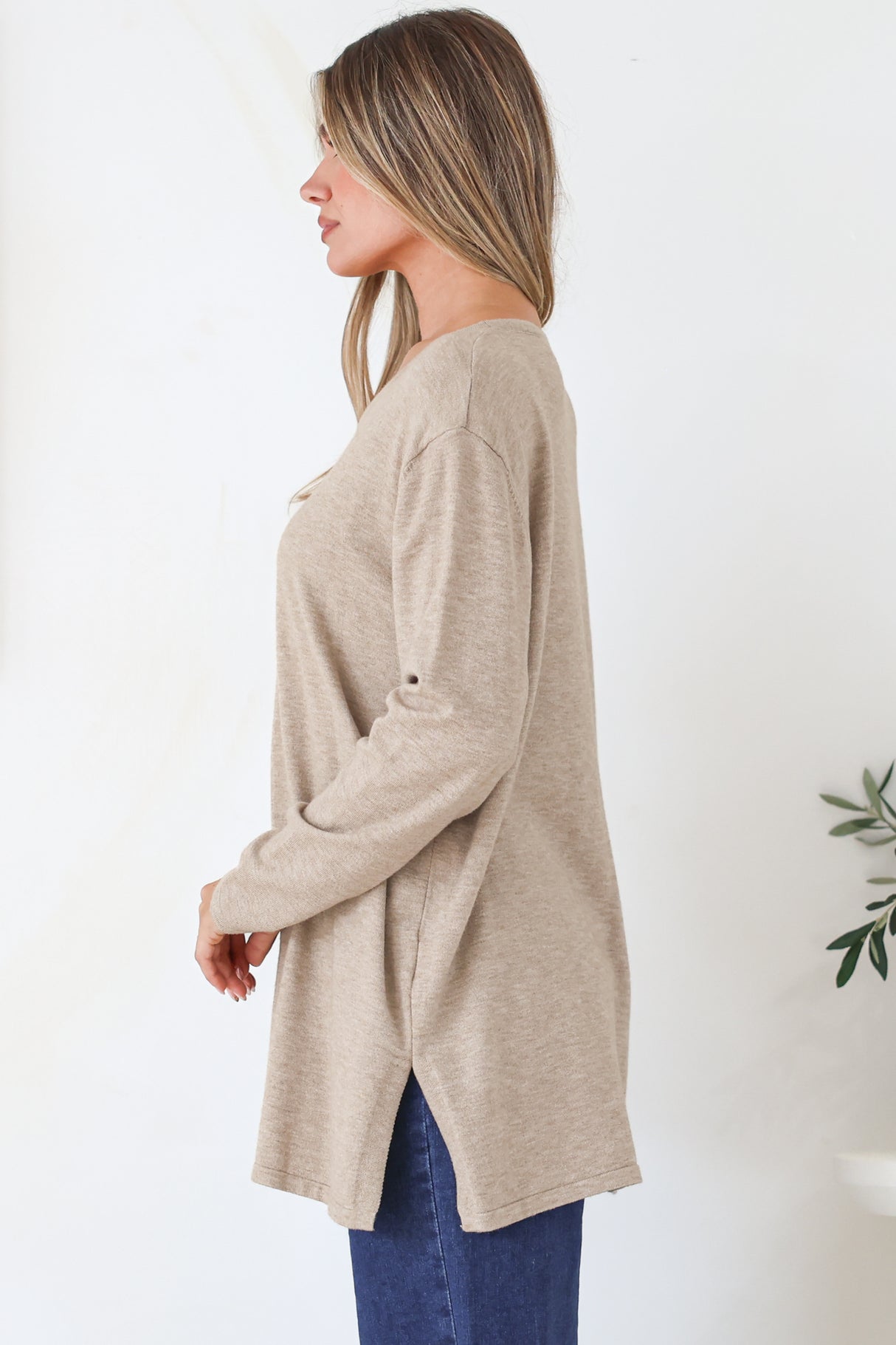 Rylee Jumper - Crew Neck Long Sleeve Pullover with Side Splits in Taupe