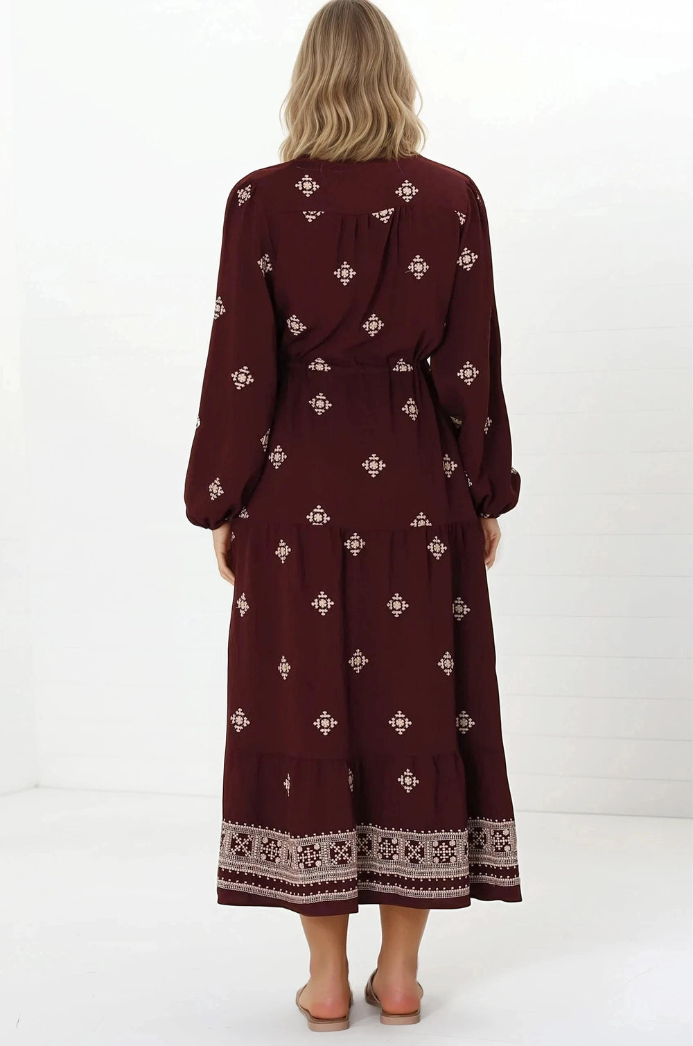 Rylie Maxi Dress - Embroidered Long Sleeve Dress with Pull Tie Waist in Vesper Print Wine