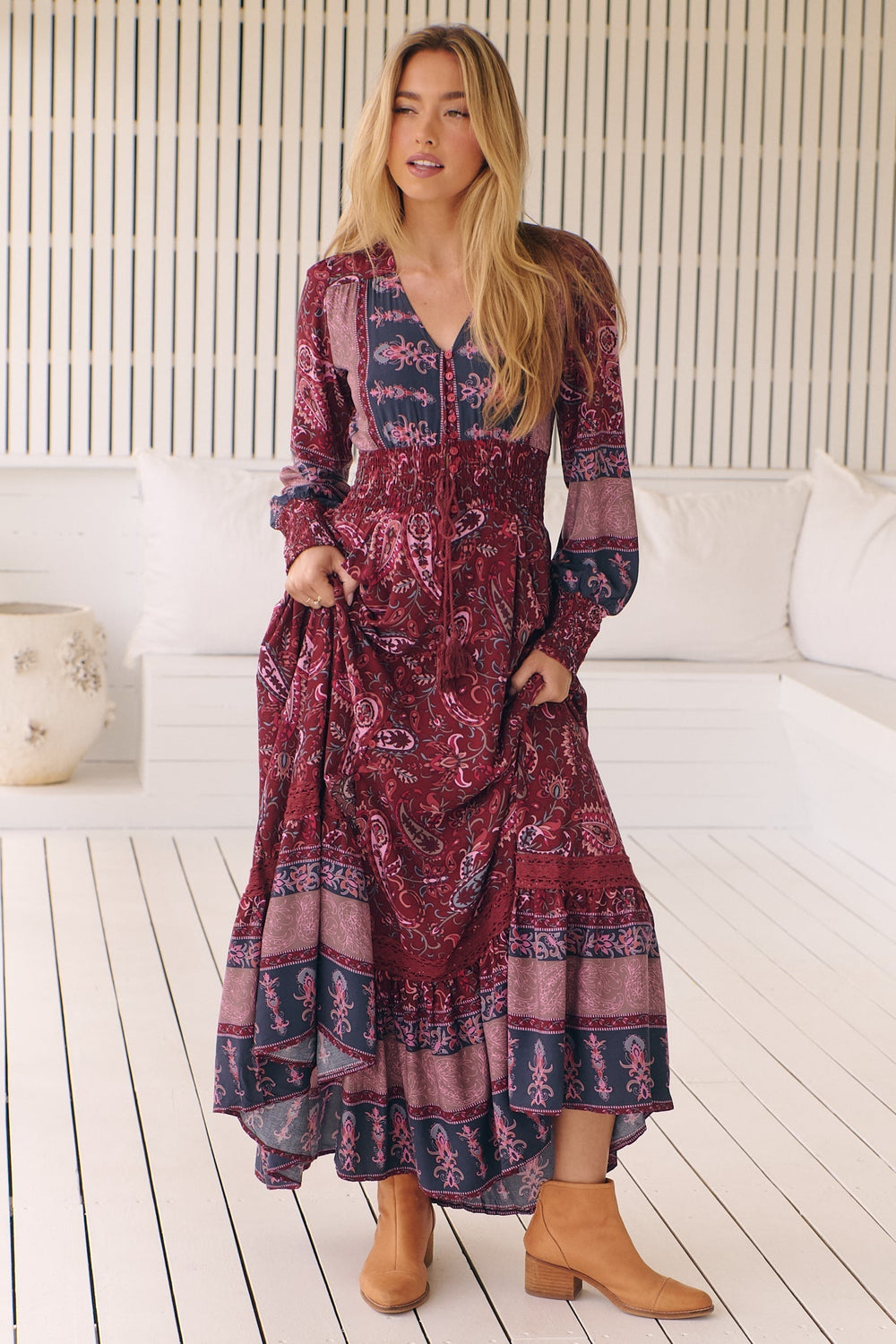 Sabrina Maxi Dress - A Line Button Through Dress with Long Sleeves in Sadie Print