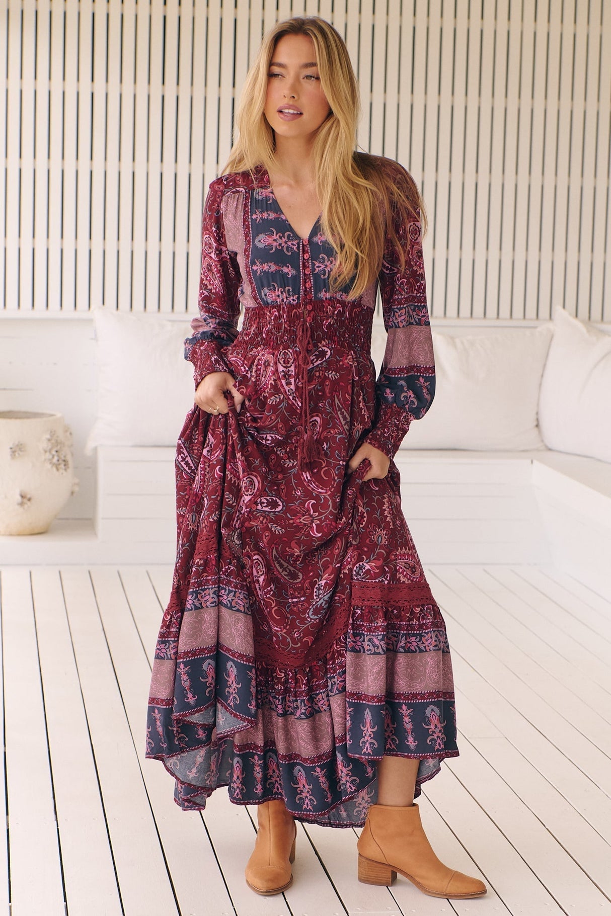 Sabrina Maxi Dress - A Line Button Through Dress with Long Sleeves in Sadie Print