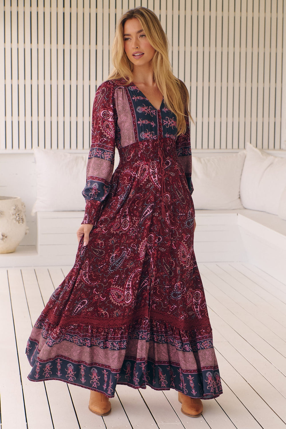 Sabrina Maxi Dress - A Line Button Through Dress with Long Sleeves in Sadie Print