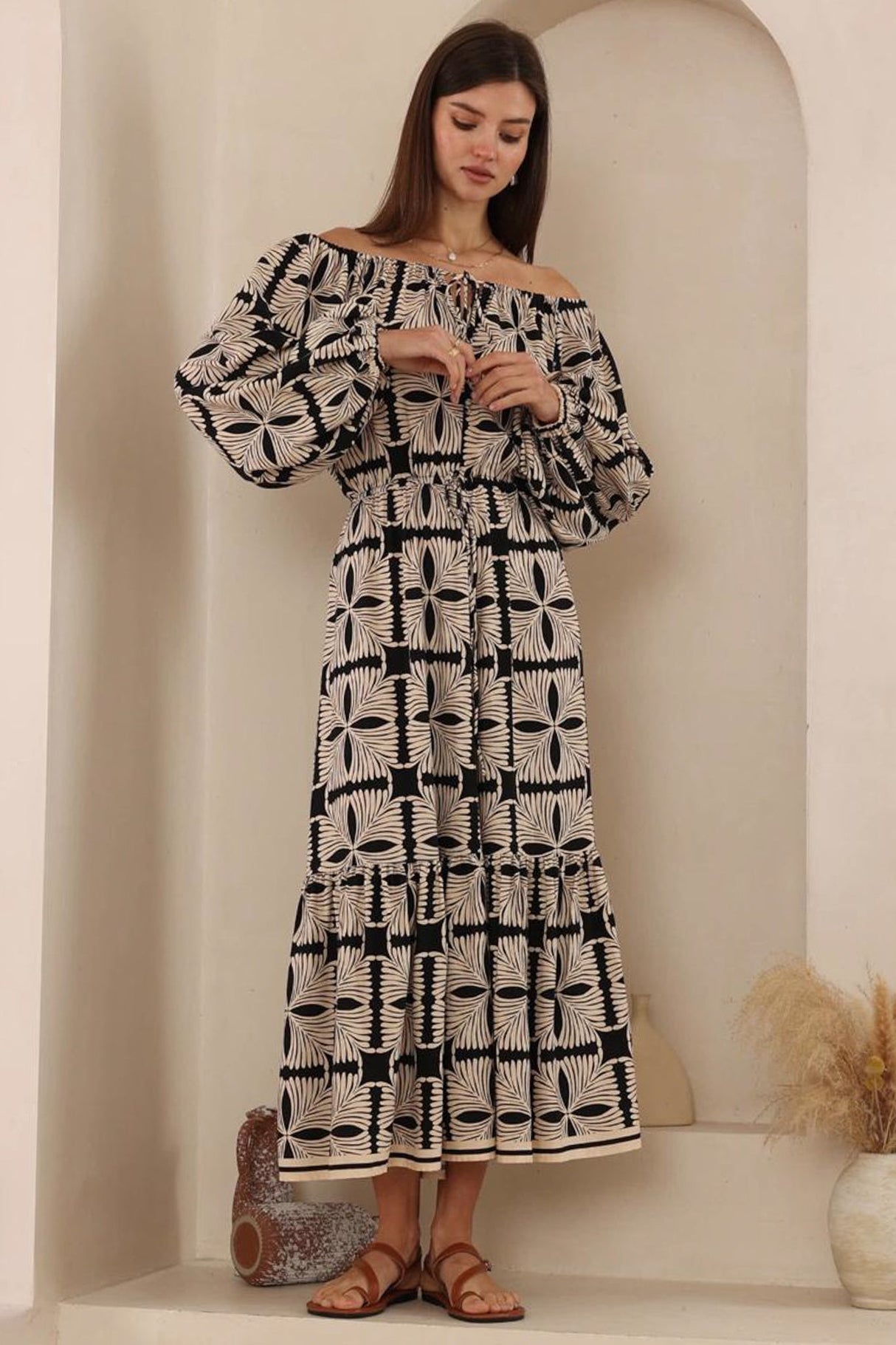 Sadie Maxi Dress - Scoop Pull Tie Neckline and Waist A Line Dress in Carter Print