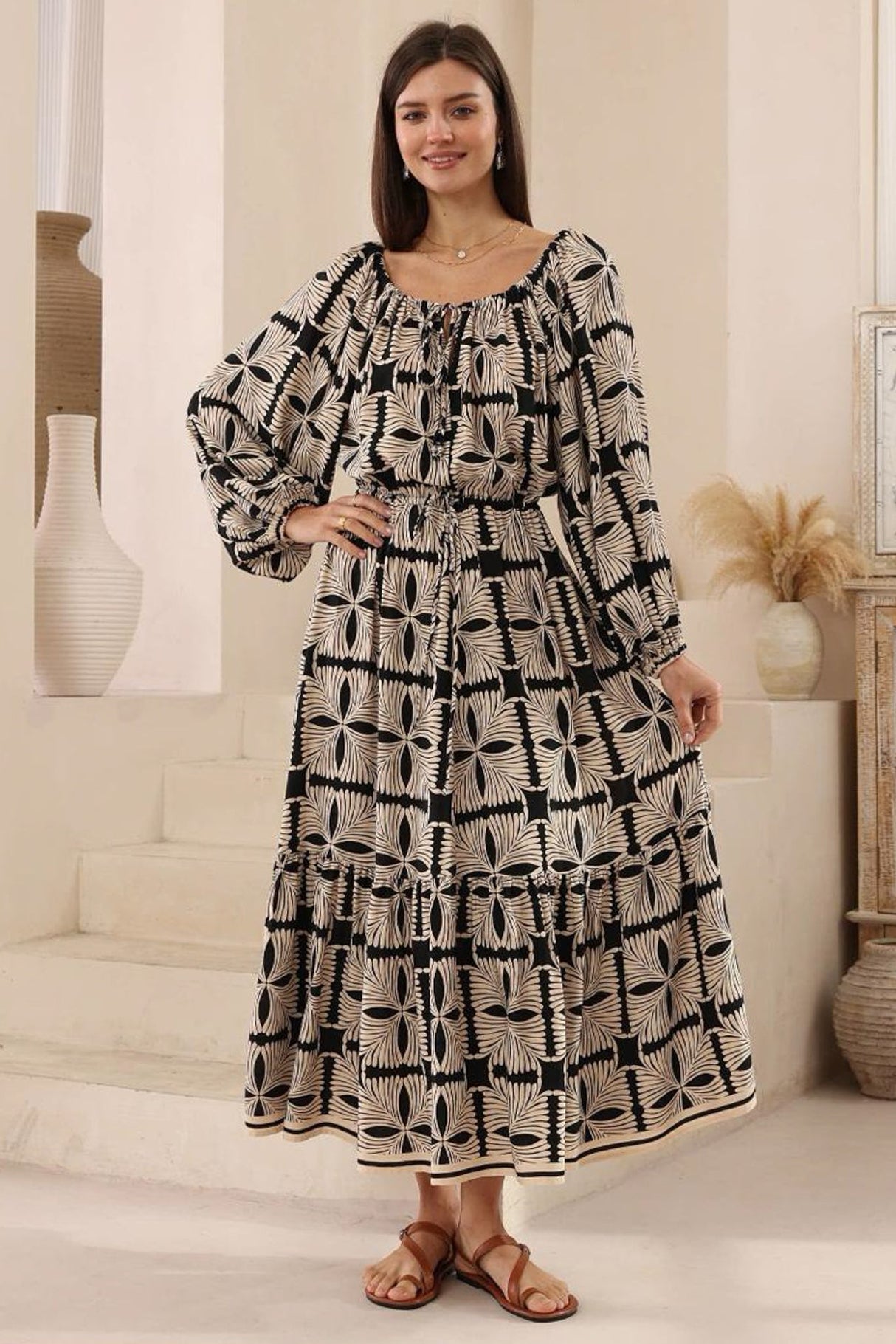 Sadie Maxi Dress - Scoop Pull Tie Neckline and Waist A Line Dress in Carter Print