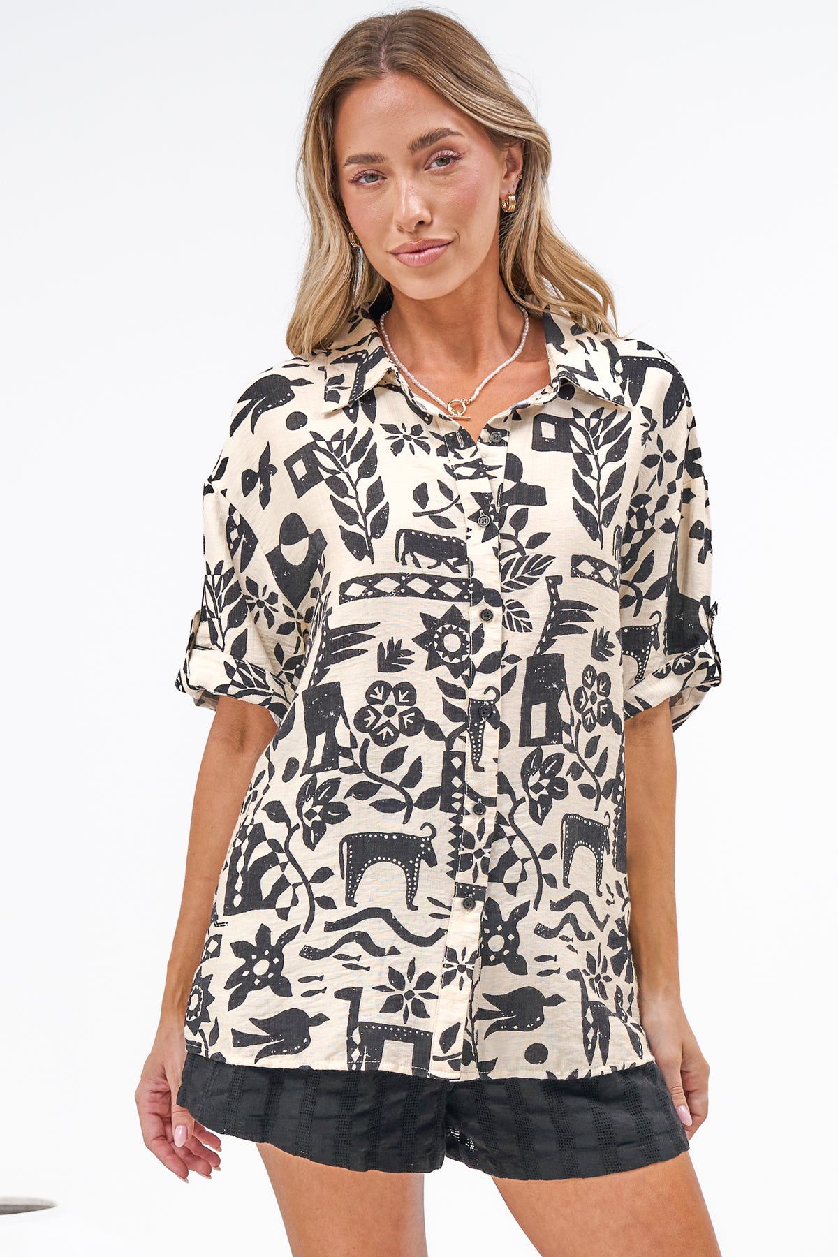Sahara Shirt - Collared Button Down Shirt with Short Sleeves in Noir Bloom Print