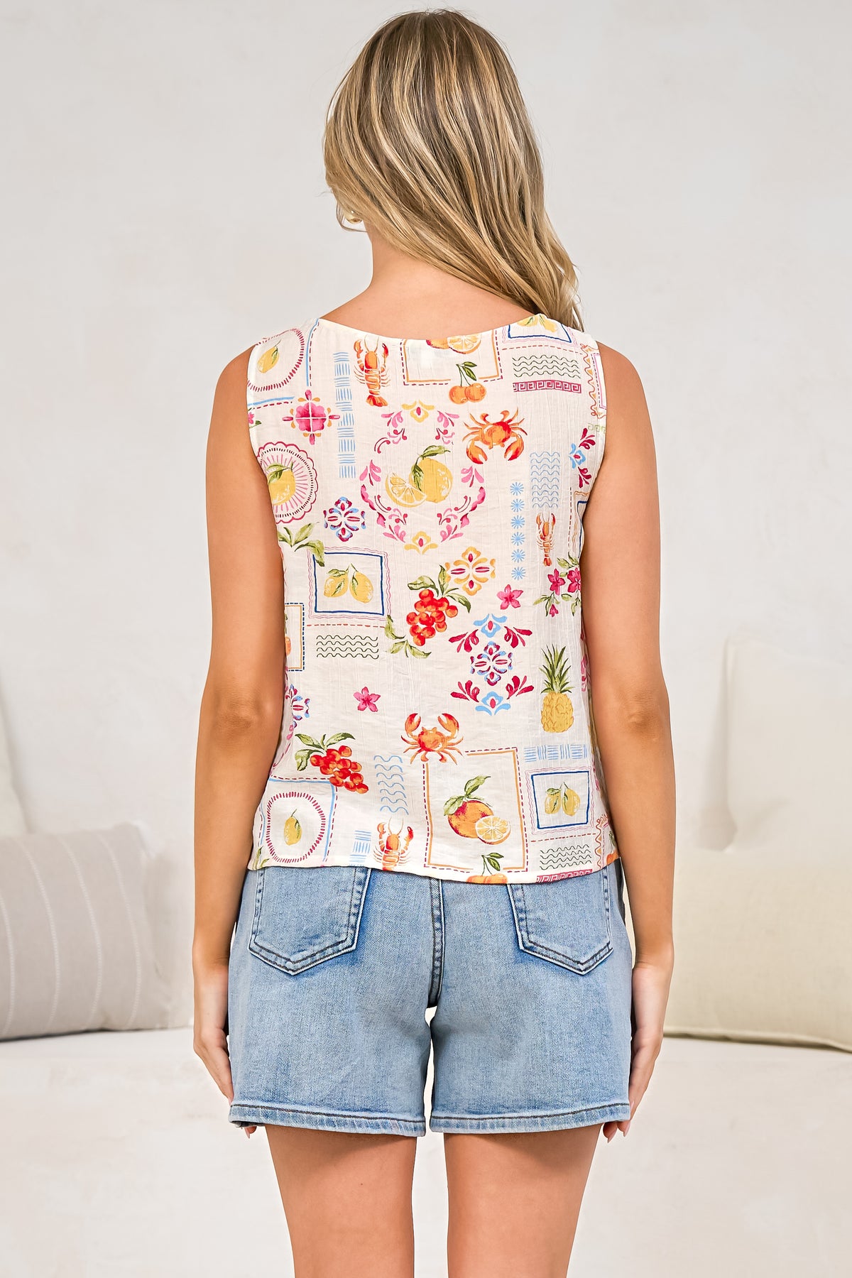 Saige Top - Square Neck Thick Strap Textured Top with High Low Hem in Anelia Print