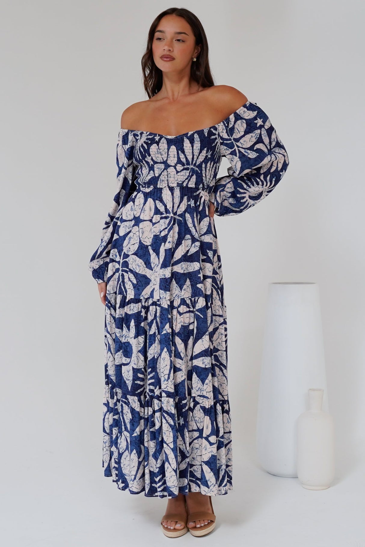Salome Maxi Dress - On or Off Shoulder A Line Dress with Elasticated Bodice in Moonshadow Print