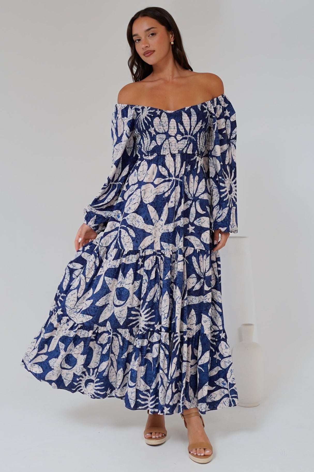 Salome Maxi Dress - On or Off Shoulder A Line Dress with Elasticated Bodice in Moonshadow Print