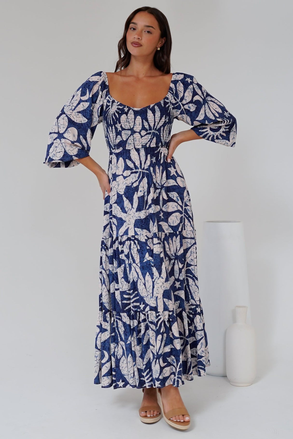 Salome Maxi Dress - On or Off Shoulder A Line Dress with Elasticated Bodice in Moonshadow Print