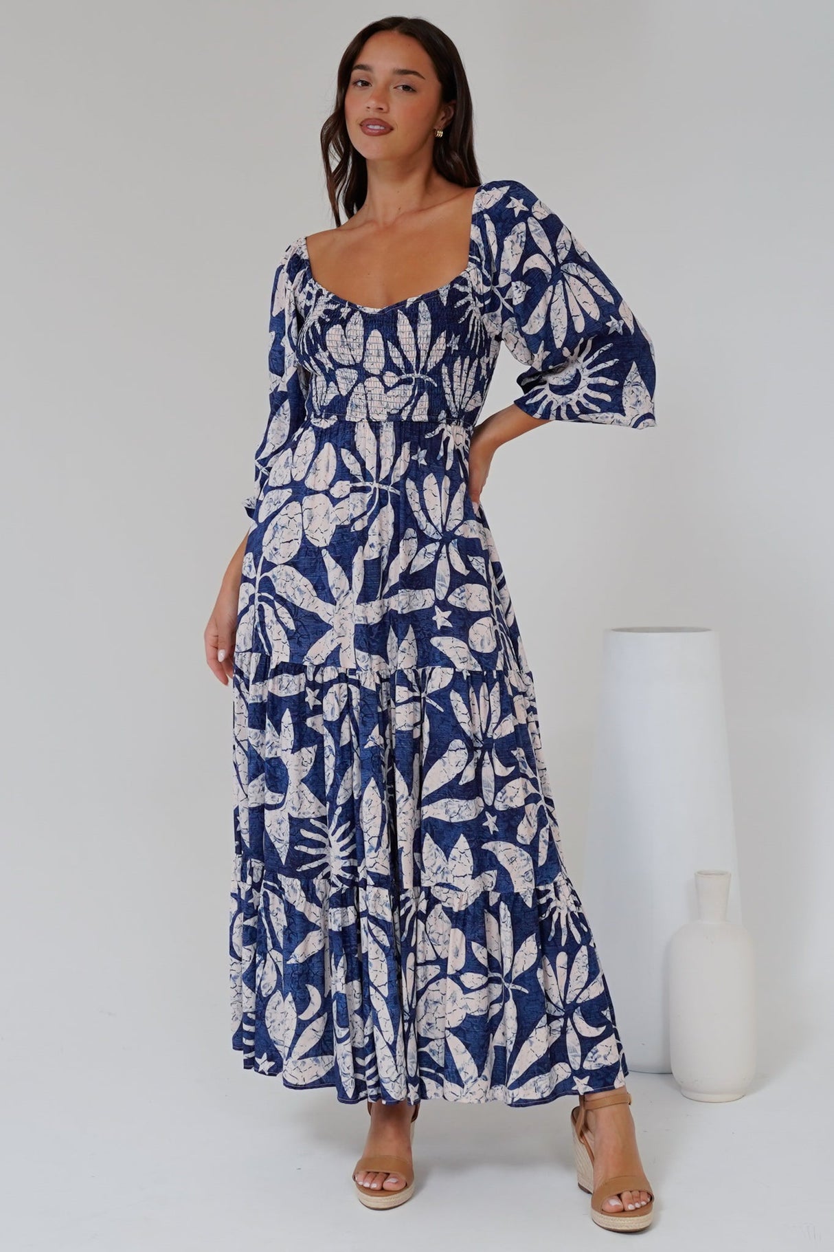 Salome Maxi Dress - On or Off Shoulder A Line Dress with Elasticated Bodice in Moonshadow Print