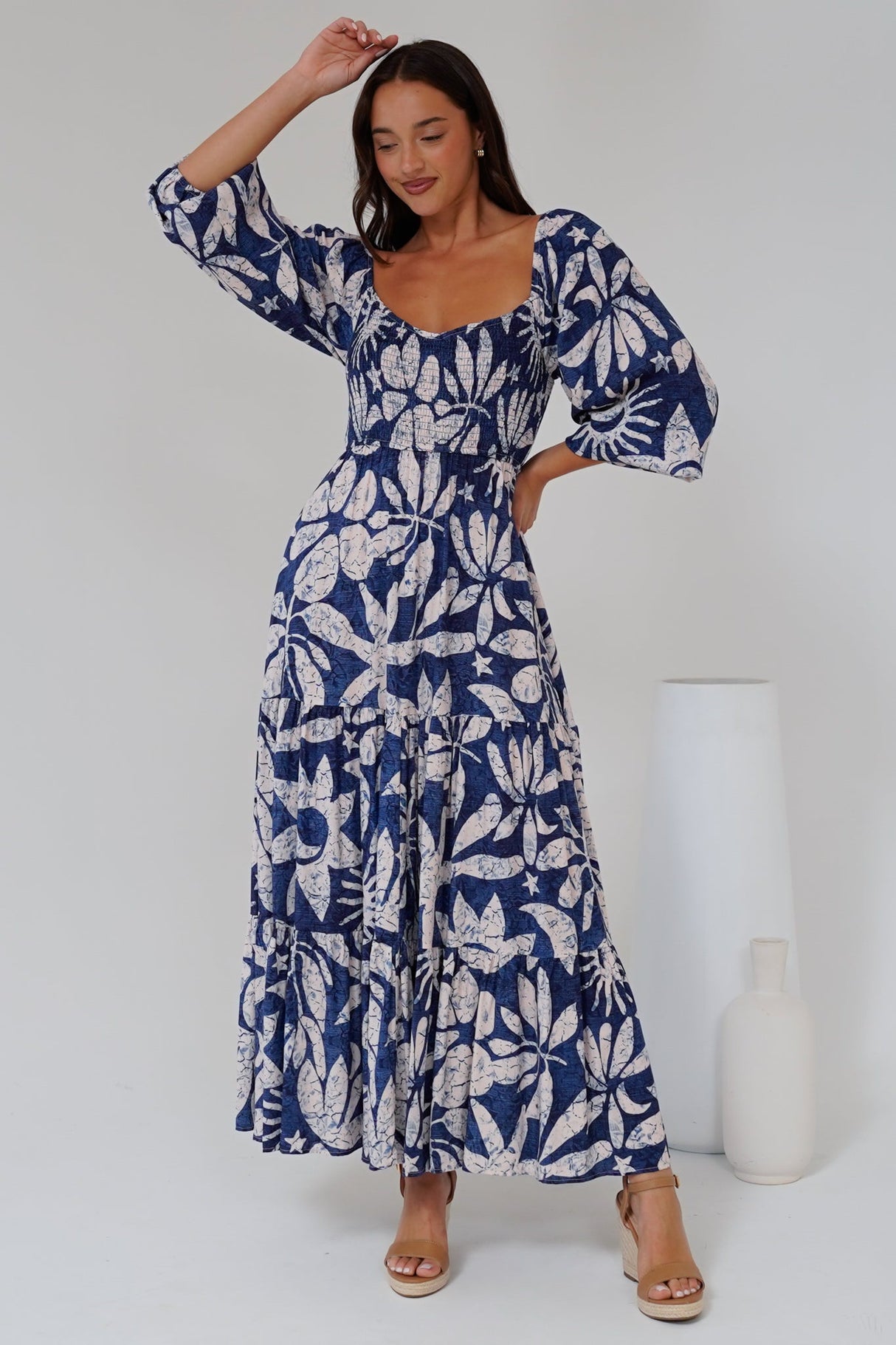 Salome Maxi Dress - On or Off Shoulder A Line Dress with Elasticated Bodice in Moonshadow Print