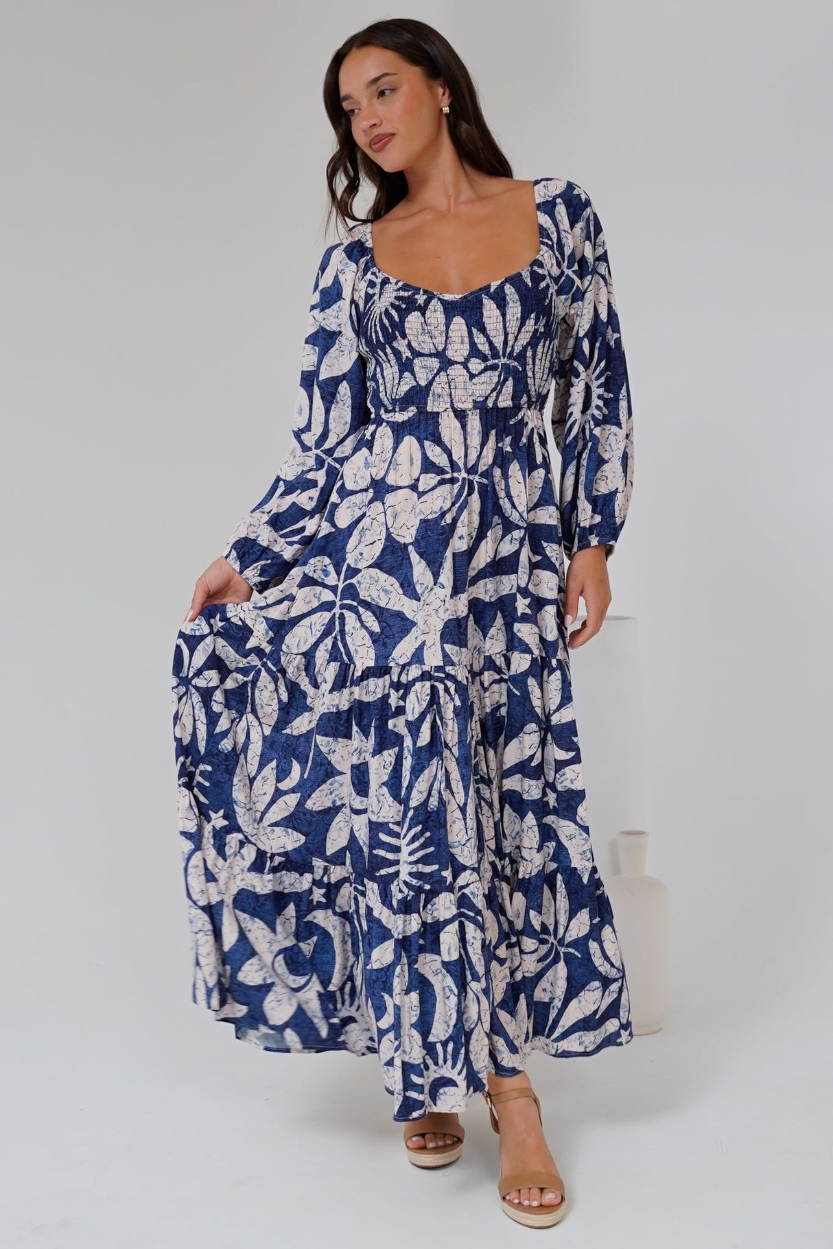 Salome Maxi Dress - On or Off Shoulder A Line Dress with Elasticated Bodice in Moonshadow Print