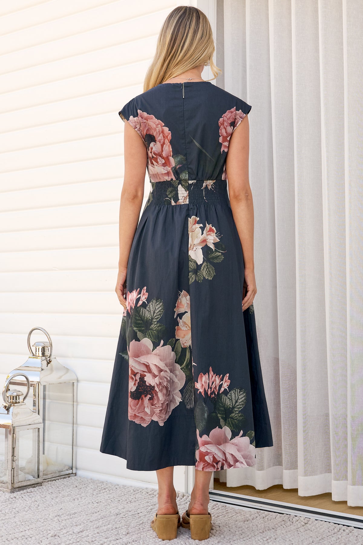 Samira Midi Dress - Cap Sleeve A Line Dress with Pockets in Mika Print Navy