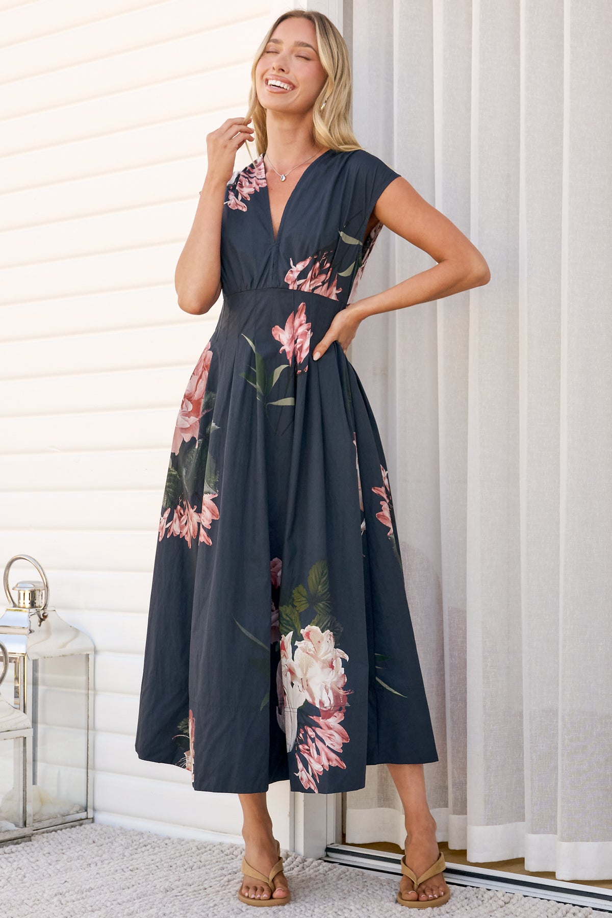 Samira Midi Dress - Cap Sleeve A Line Dress with Pockets in Mika Print Navy