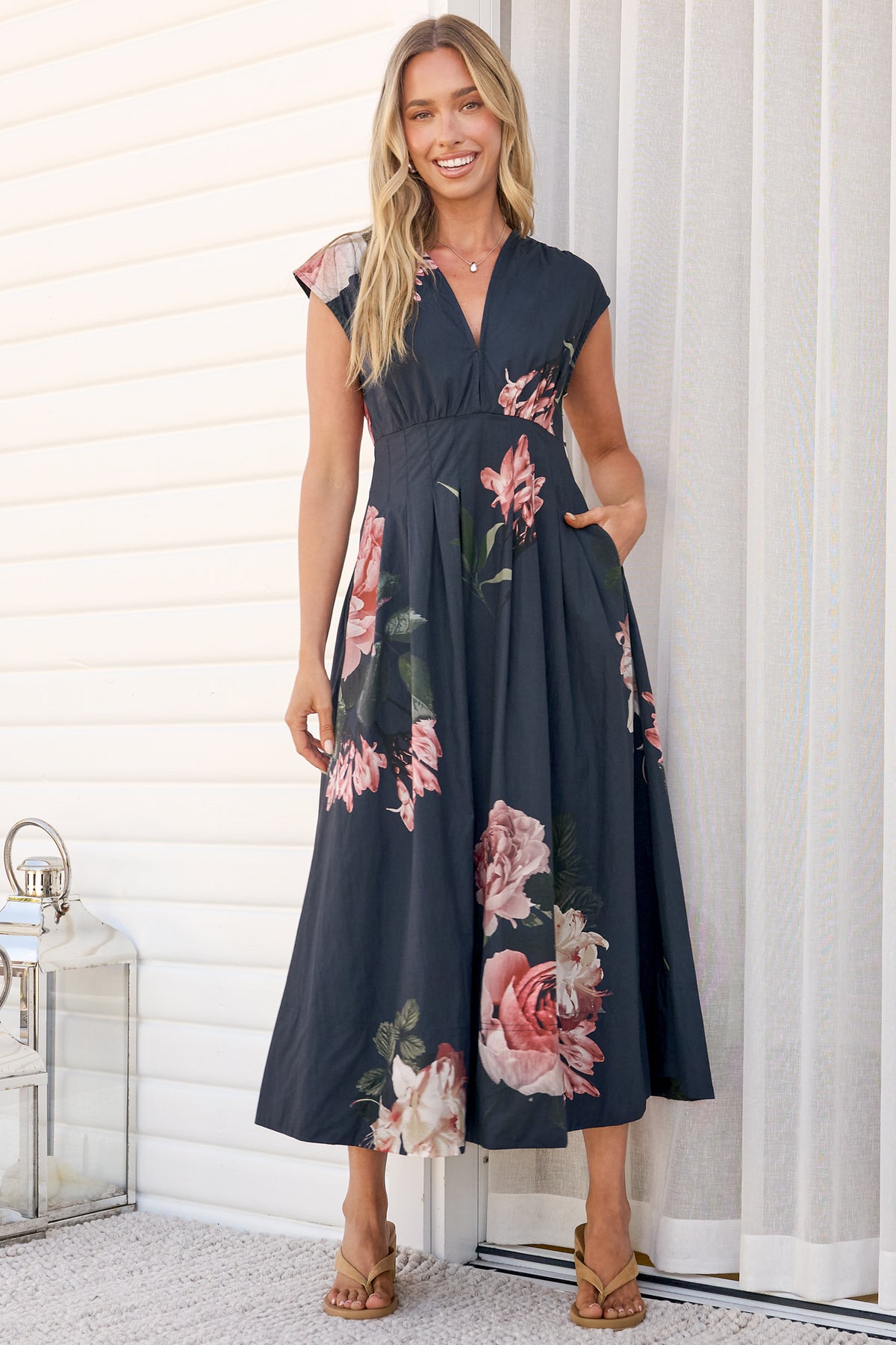 Samira Midi Dress - Cap Sleeve A Line Dress with Pockets in Mika Print Navy