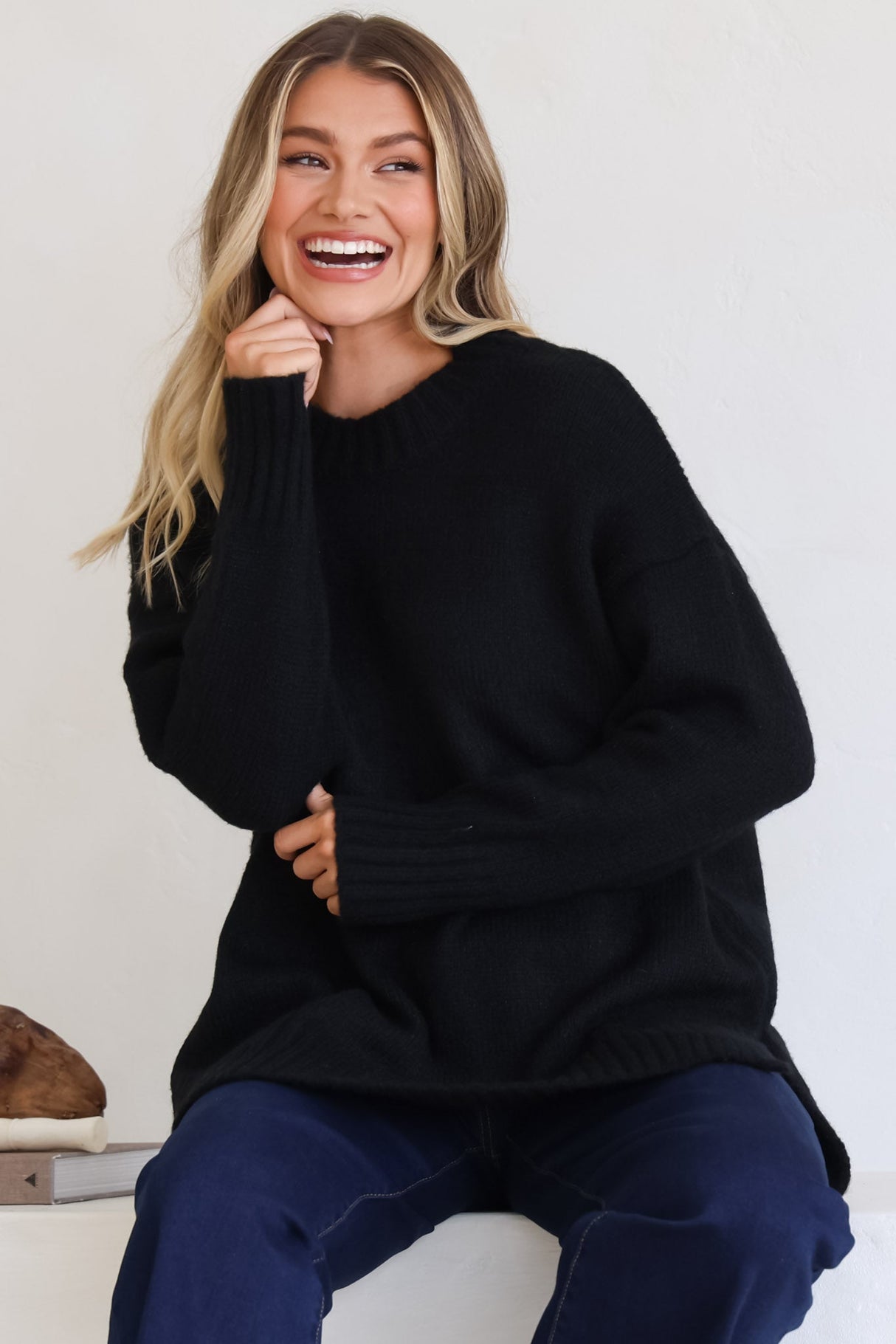 Sammy Jumper - Crew Neck Ribbed Shark Bite Hemline Jumper in Black