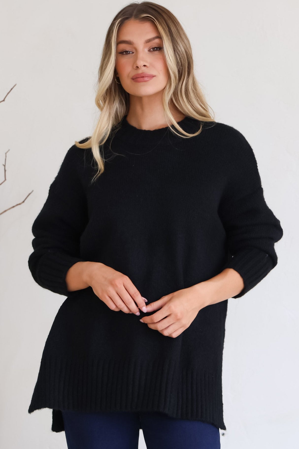 Sammy Jumper - Crew Neck Ribbed Shark Bite Hemline Jumper in Black