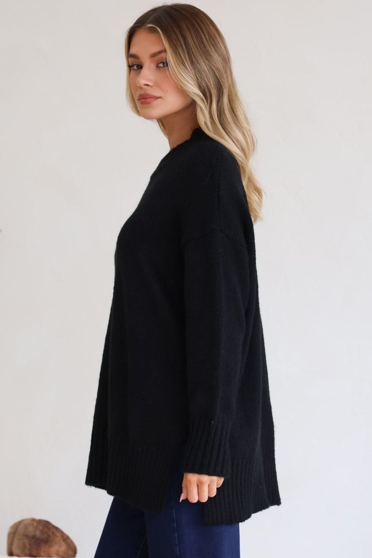 Sammy Jumper - Crew Neck Ribbed Shark Bite Hemline Jumper in Black