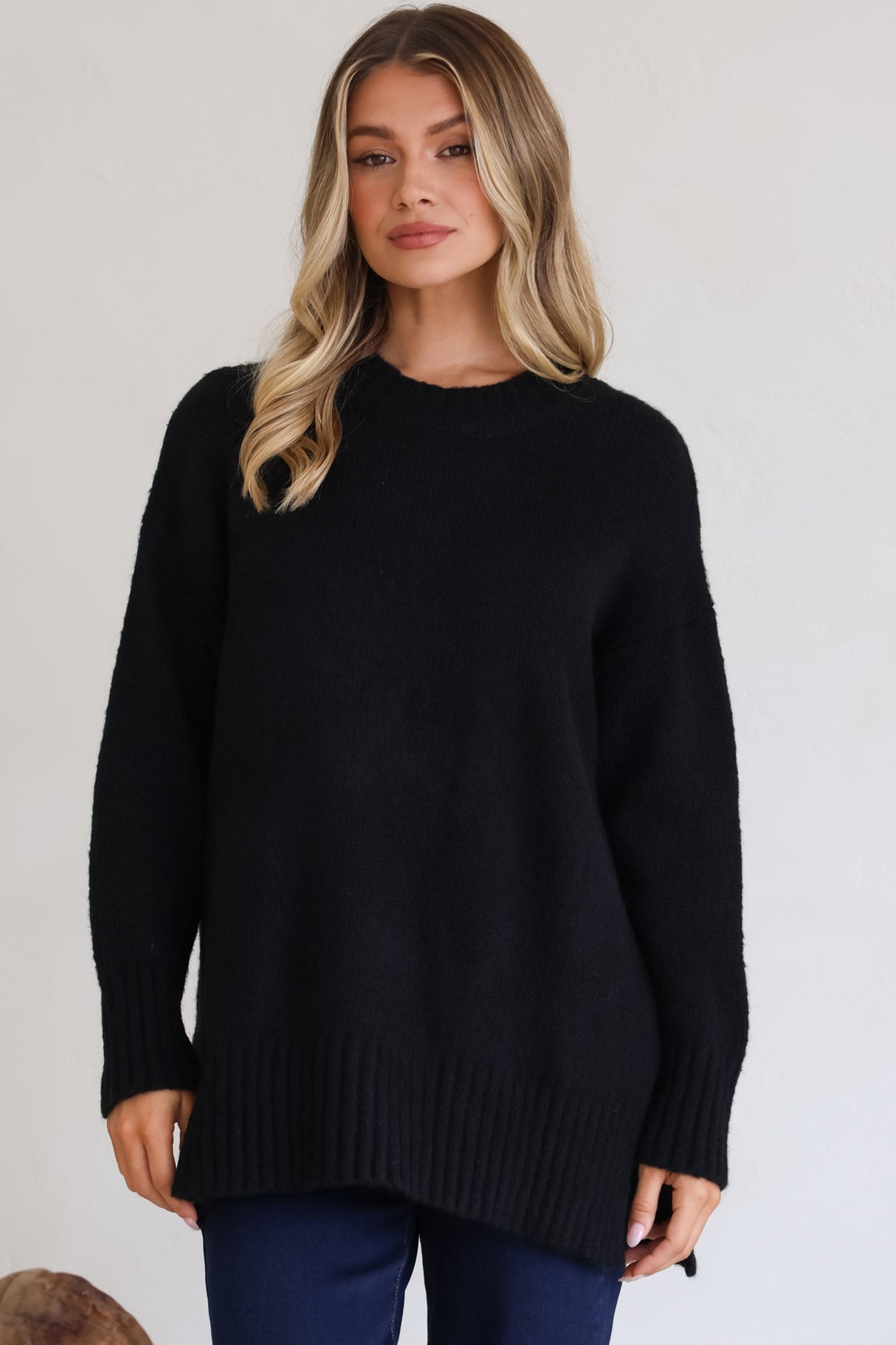 Sammy Jumper - Crew Neck Ribbed Shark Bite Hemline Jumper in Black