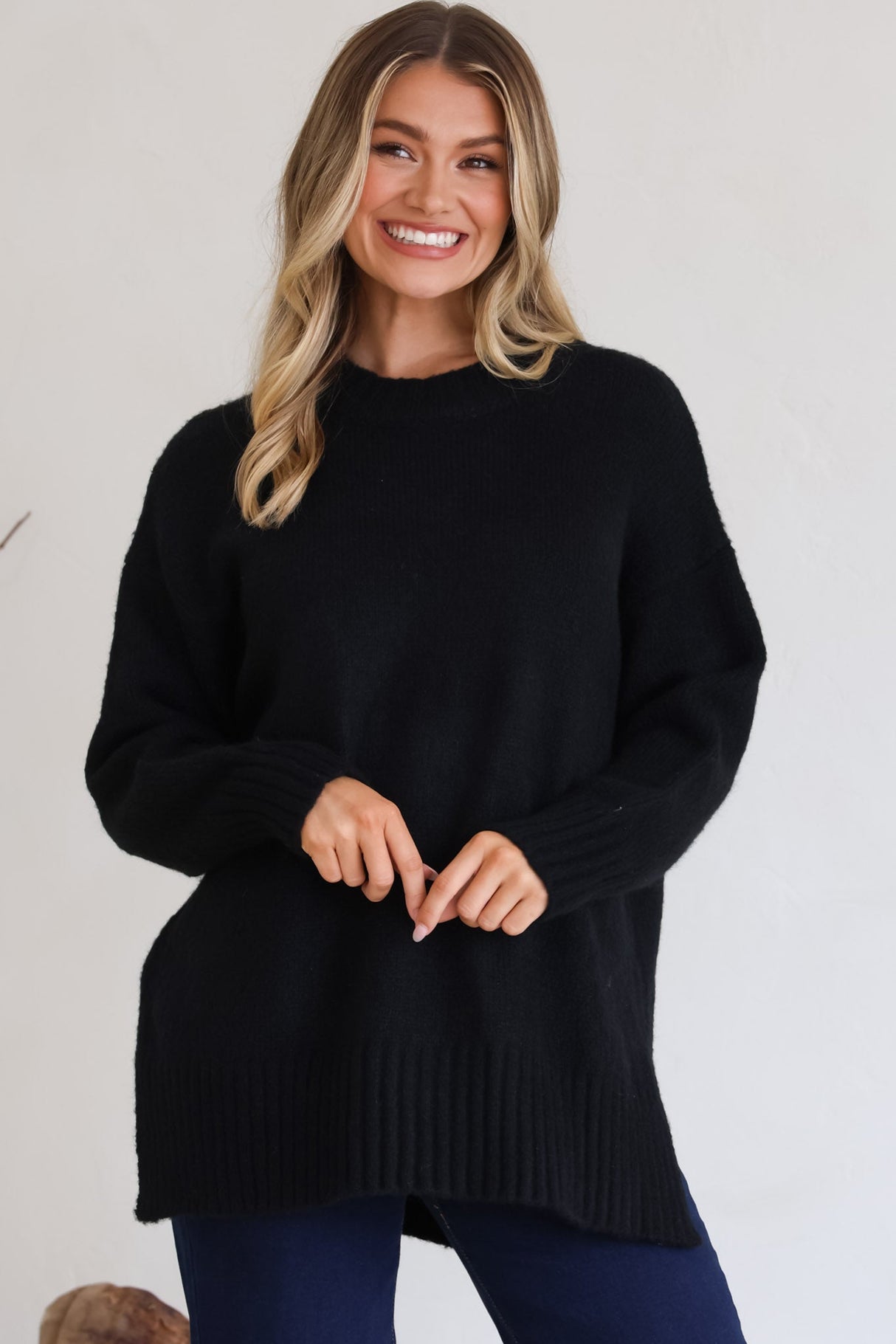 Sammy Jumper - Crew Neck Ribbed Shark Bite Hemline Jumper in Black