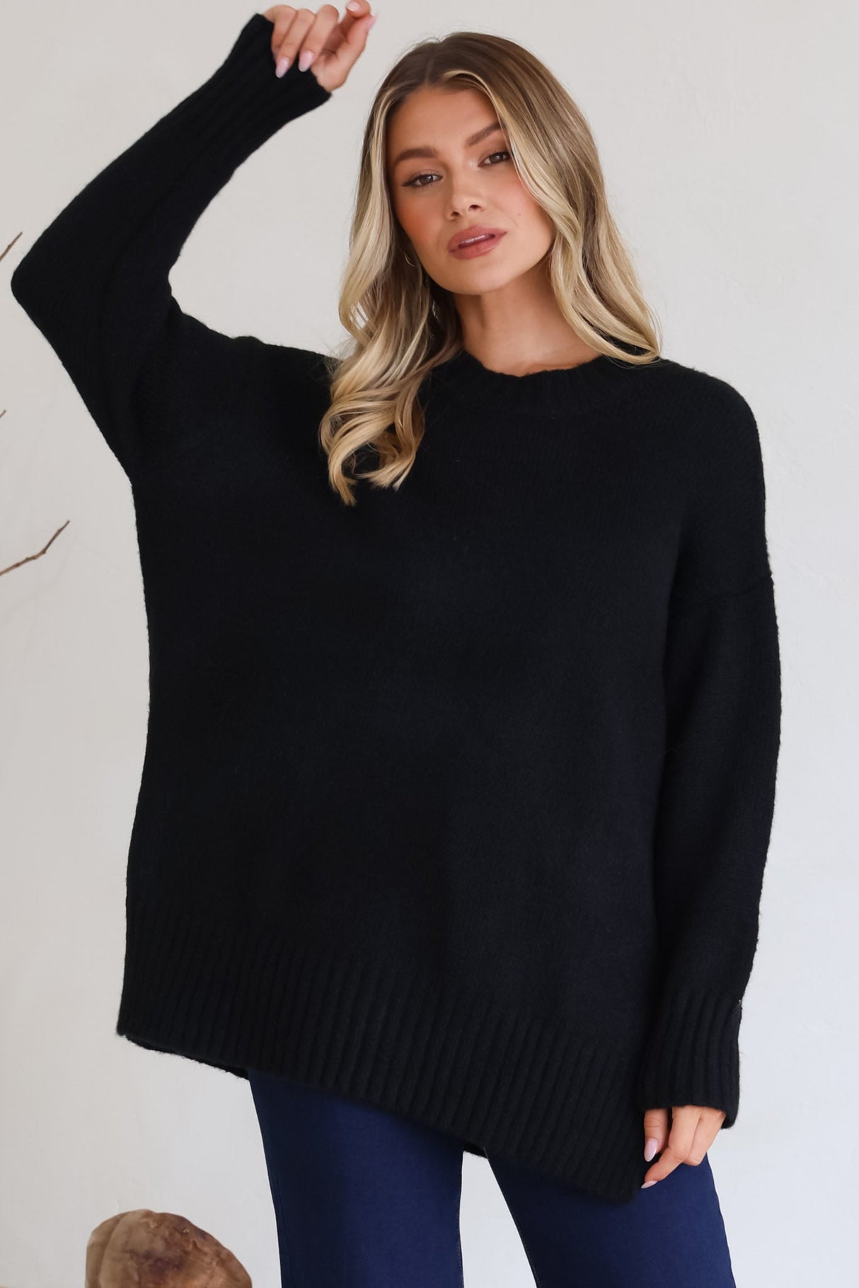 Sammy Jumper - Crew Neck Ribbed Shark Bite Hemline Jumper in Black