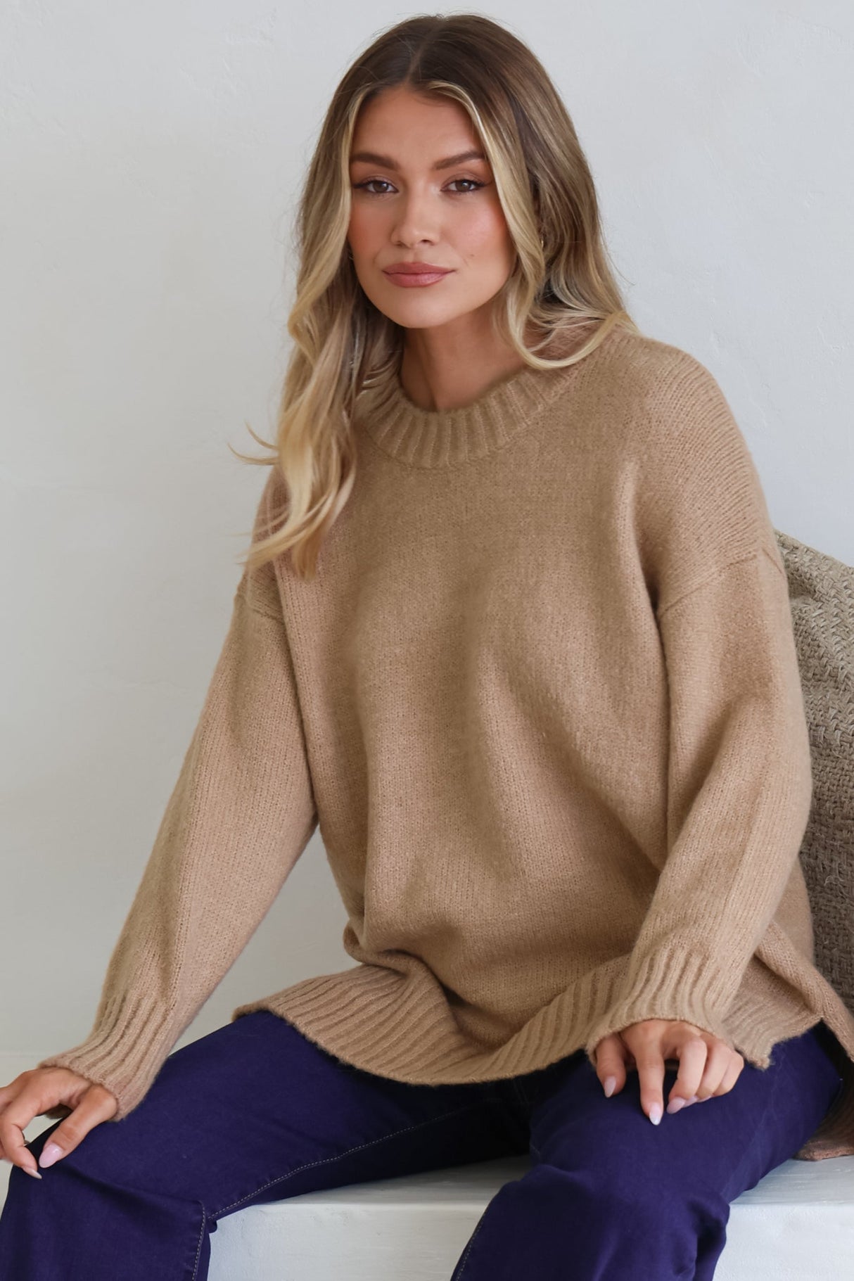 Sammy Jumper - Crew Neck Ribbed Shark Bite Hemline Jumper in Camel