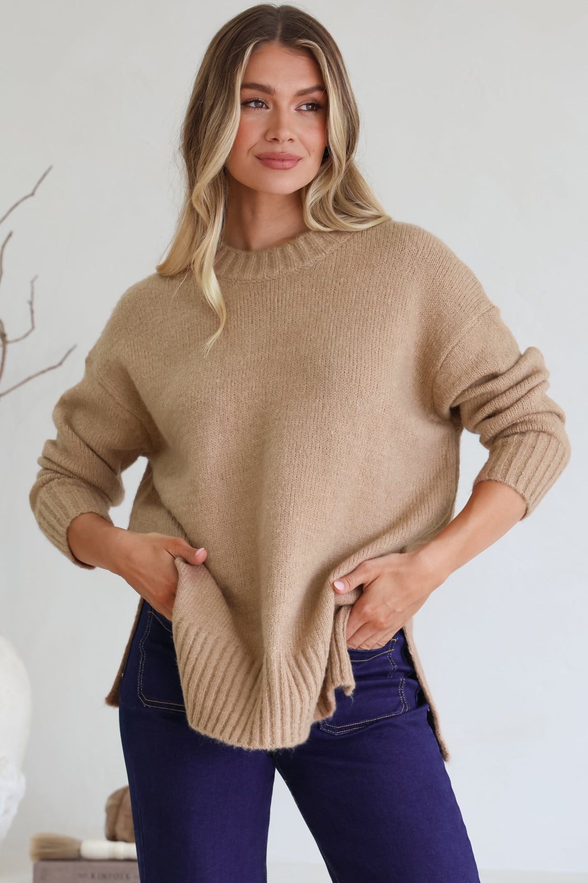 Sammy Jumper - Crew Neck Ribbed Shark Bite Hemline Jumper in Camel