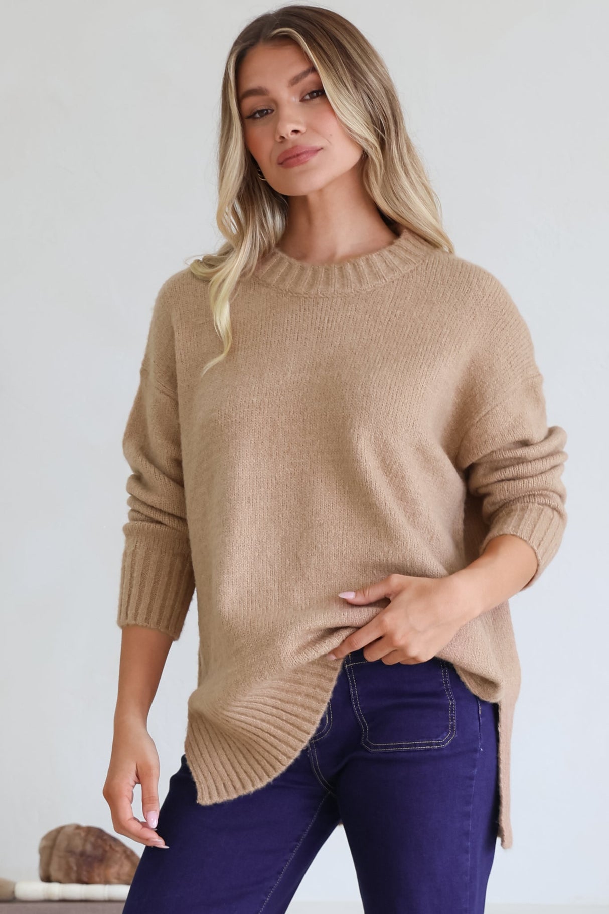 Sammy Jumper - Crew Neck Ribbed Shark Bite Hemline Jumper in Camel