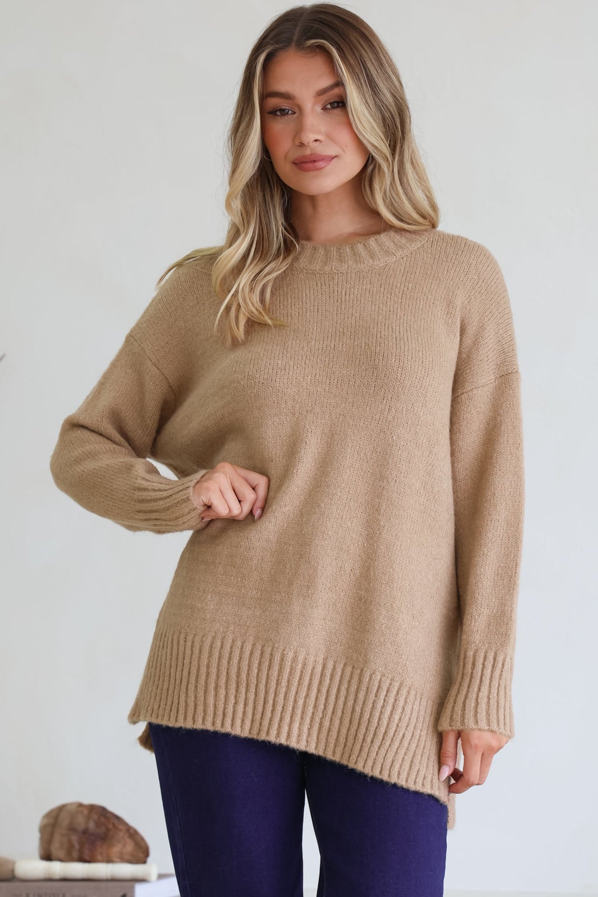 Sammy Jumper - Crew Neck Ribbed Shark Bite Hemline Jumper in Camel