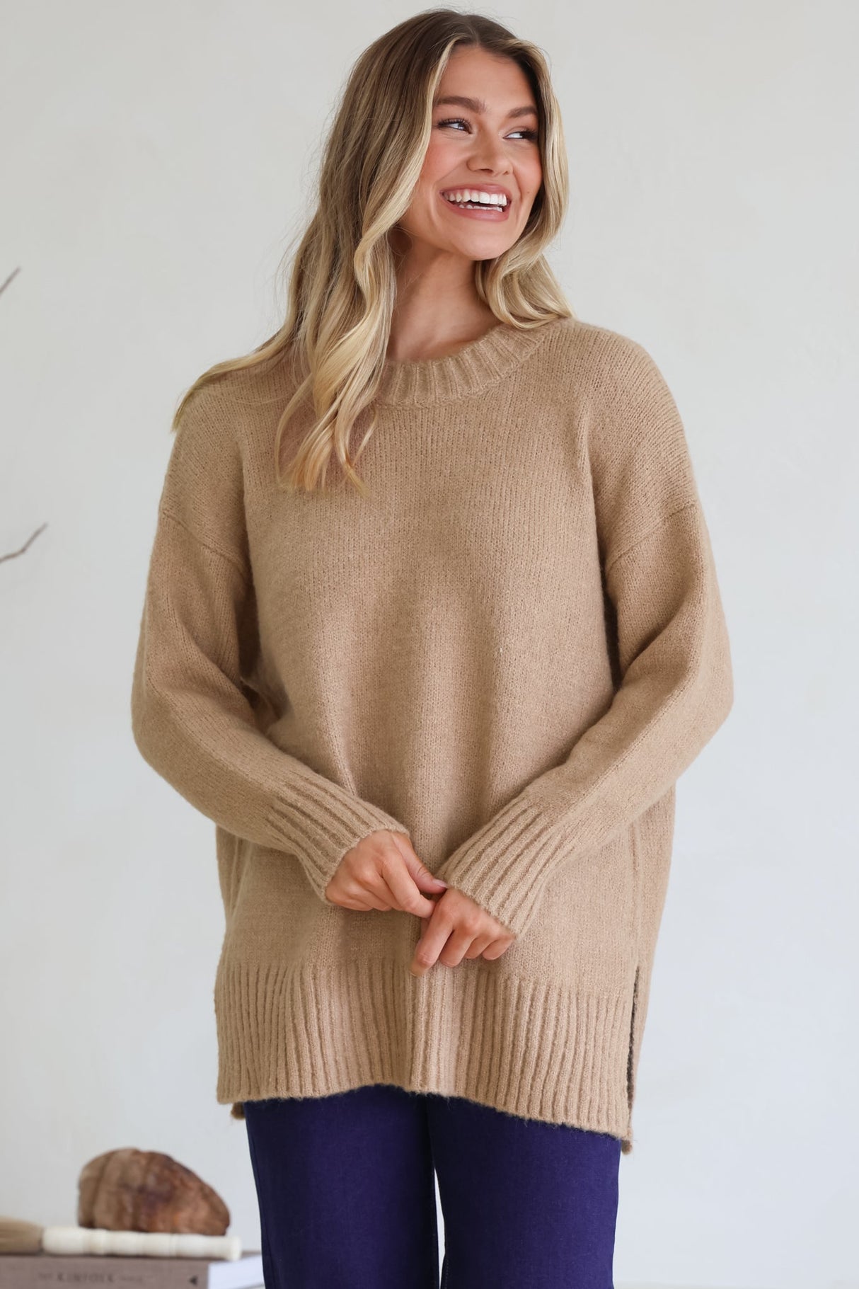 Sammy Jumper - Crew Neck Ribbed Shark Bite Hemline Jumper in Camel