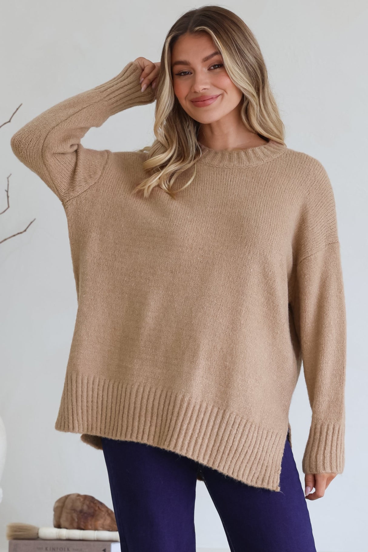 Sammy Jumper - Crew Neck Ribbed Shark Bite Hemline Jumper in Camel