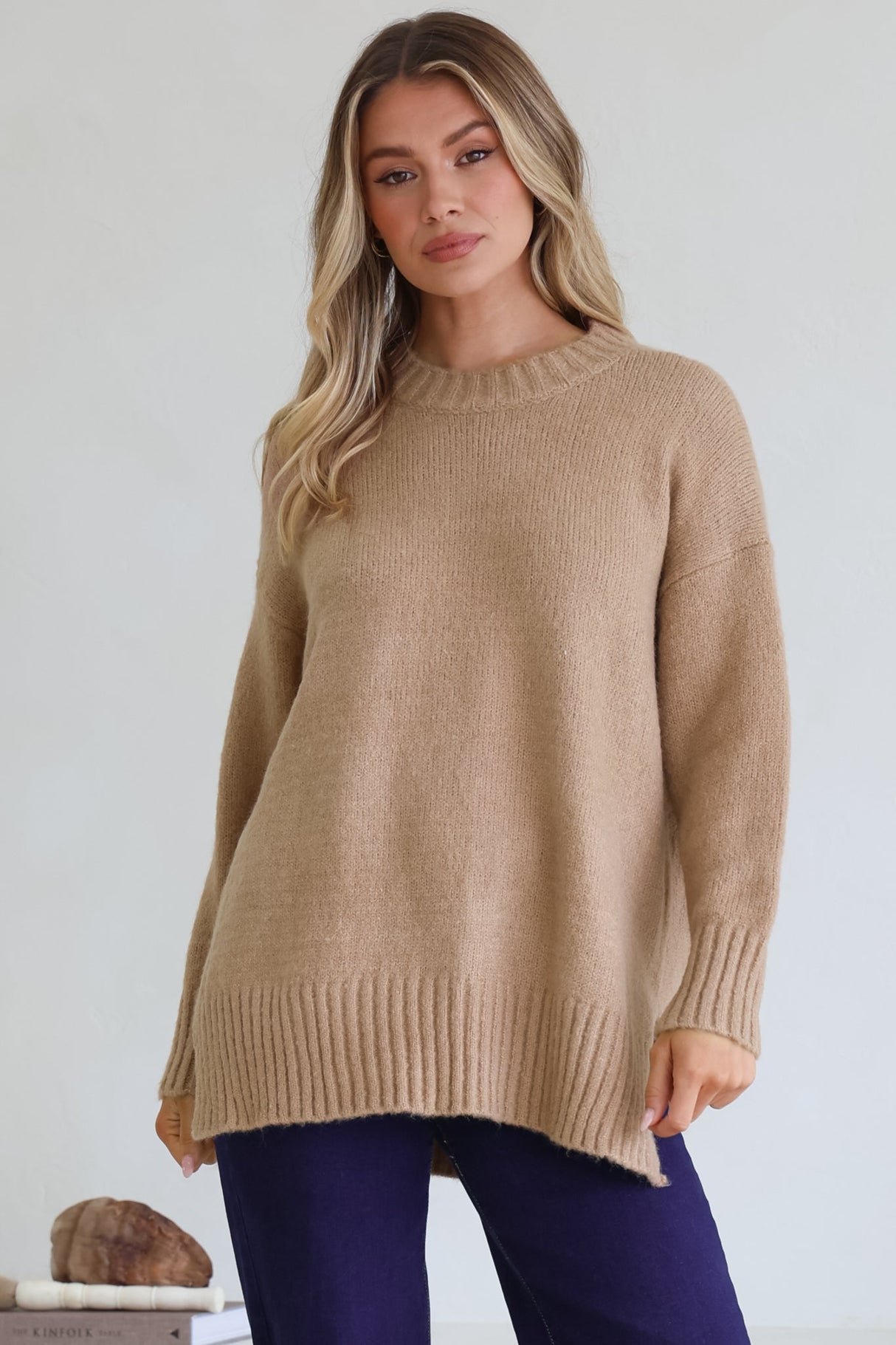 Sammy Jumper - Crew Neck Ribbed Shark Bite Hemline Jumper in Camel
