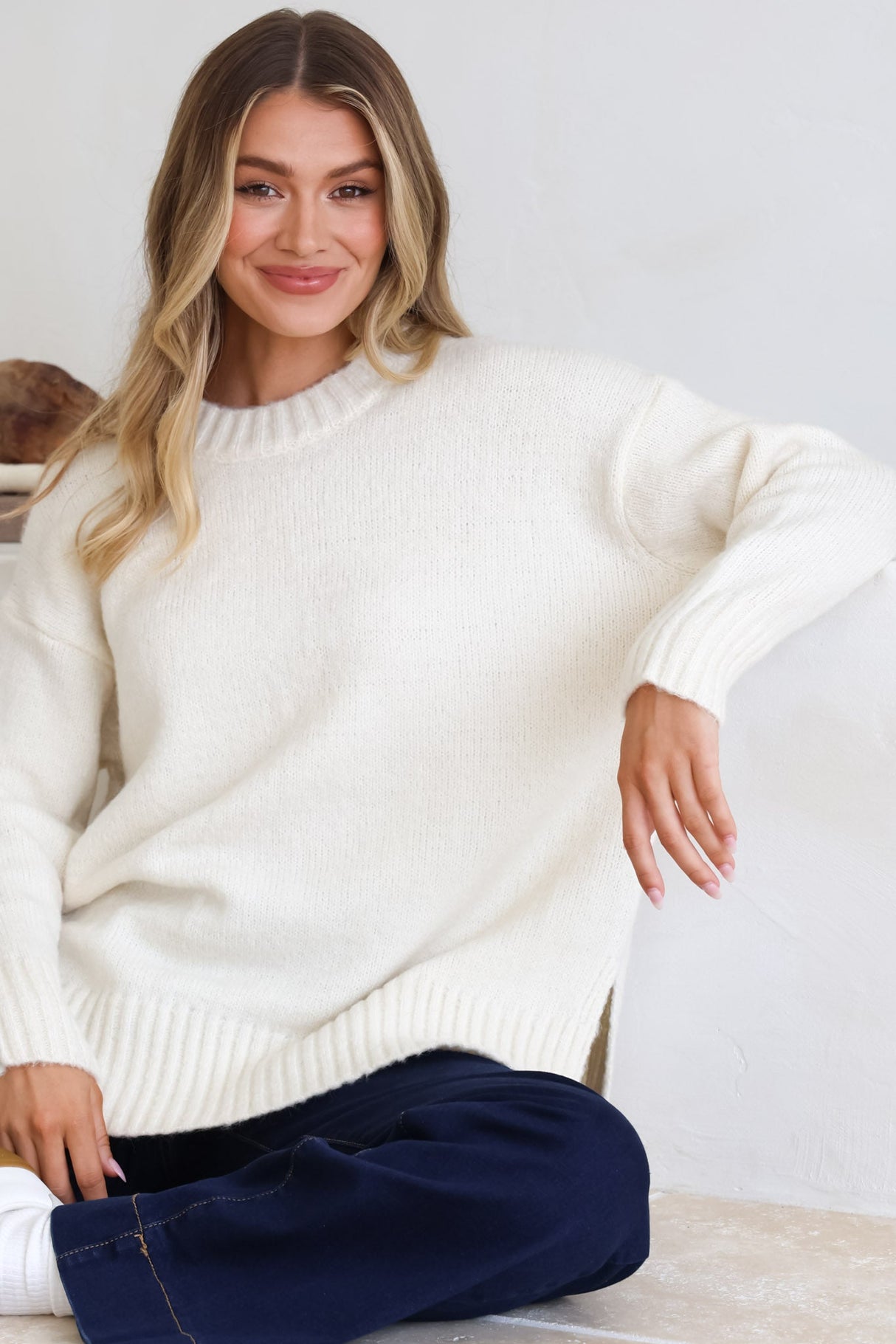 Sammy Jumper - Crew Neck Ribbed Shark Bite Hemline Jumper in Cream
