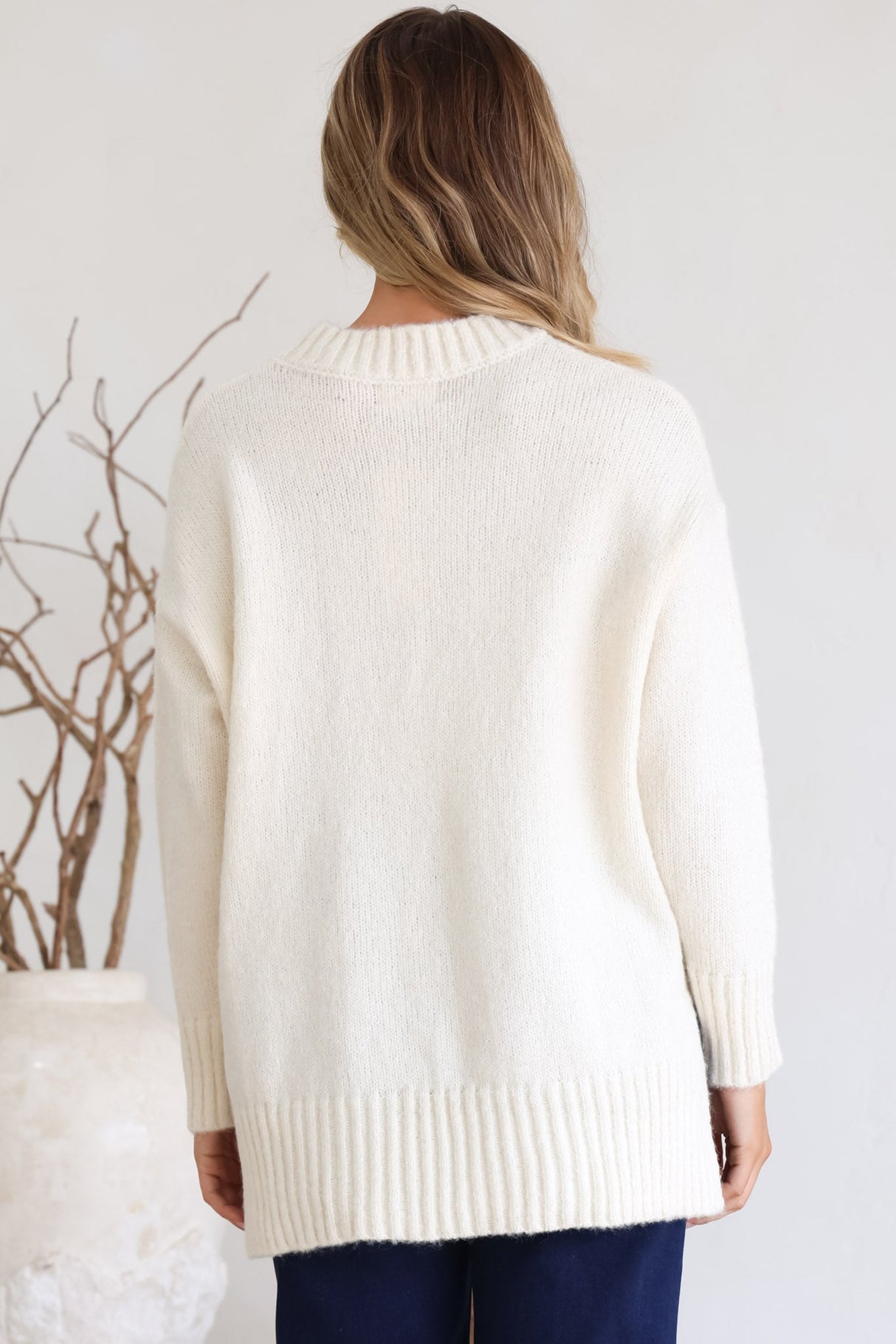 Sammy Jumper - Crew Neck Ribbed Shark Bite Hemline Jumper in Cream