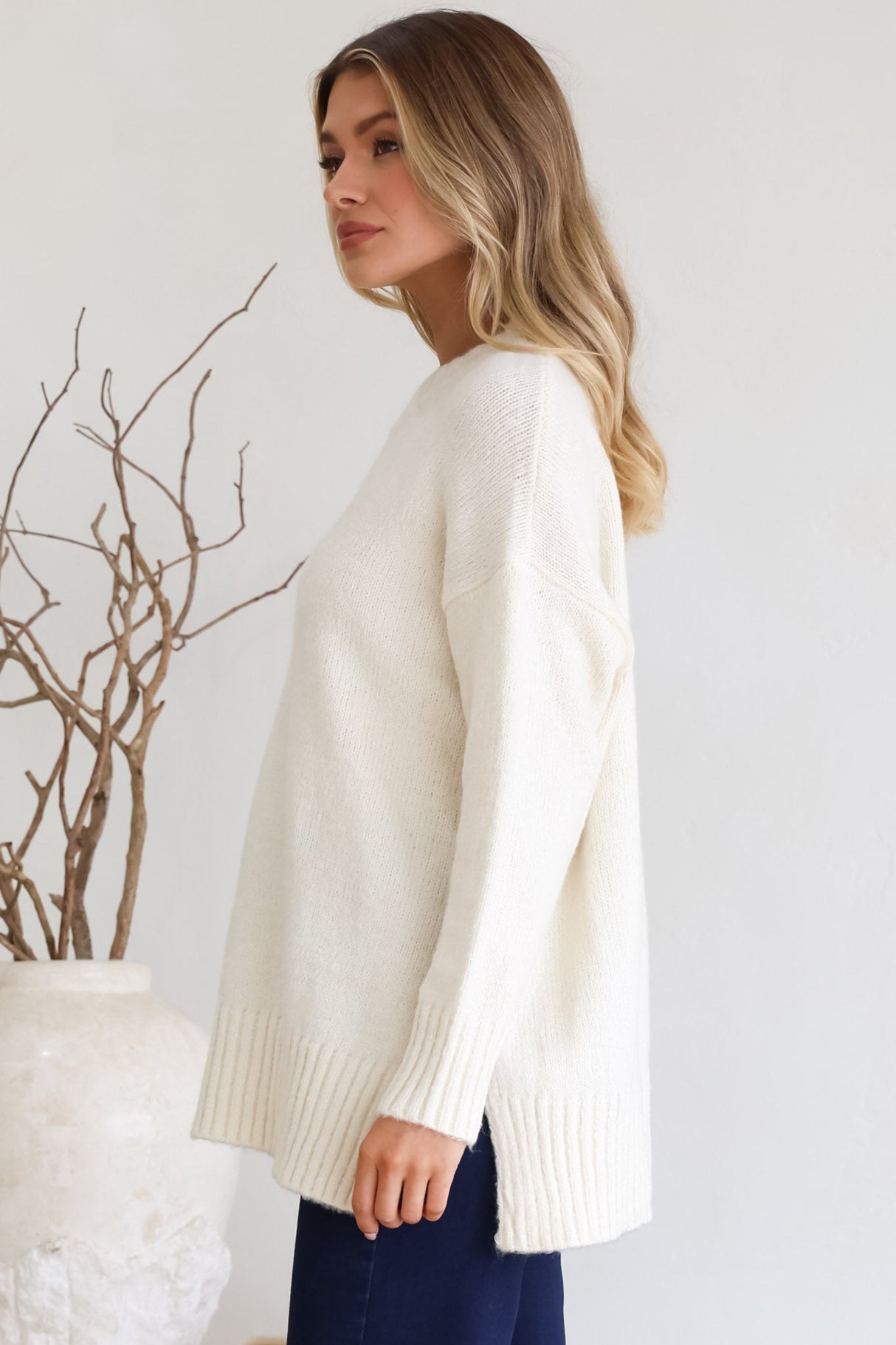 Sammy Jumper - Crew Neck Ribbed Shark Bite Hemline Jumper in Cream