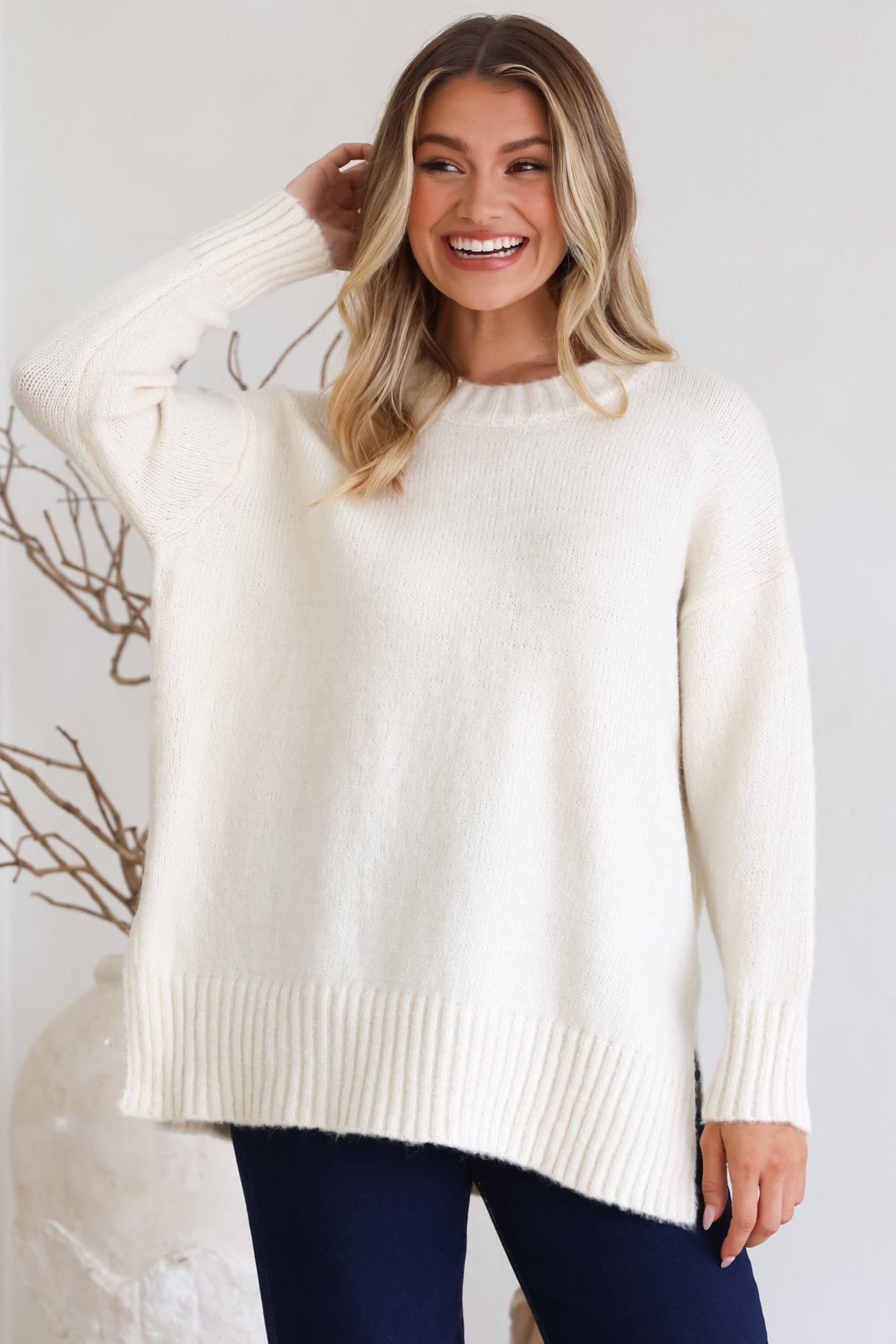 Sammy Jumper - Crew Neck Ribbed Shark Bite Hemline Jumper in Cream
