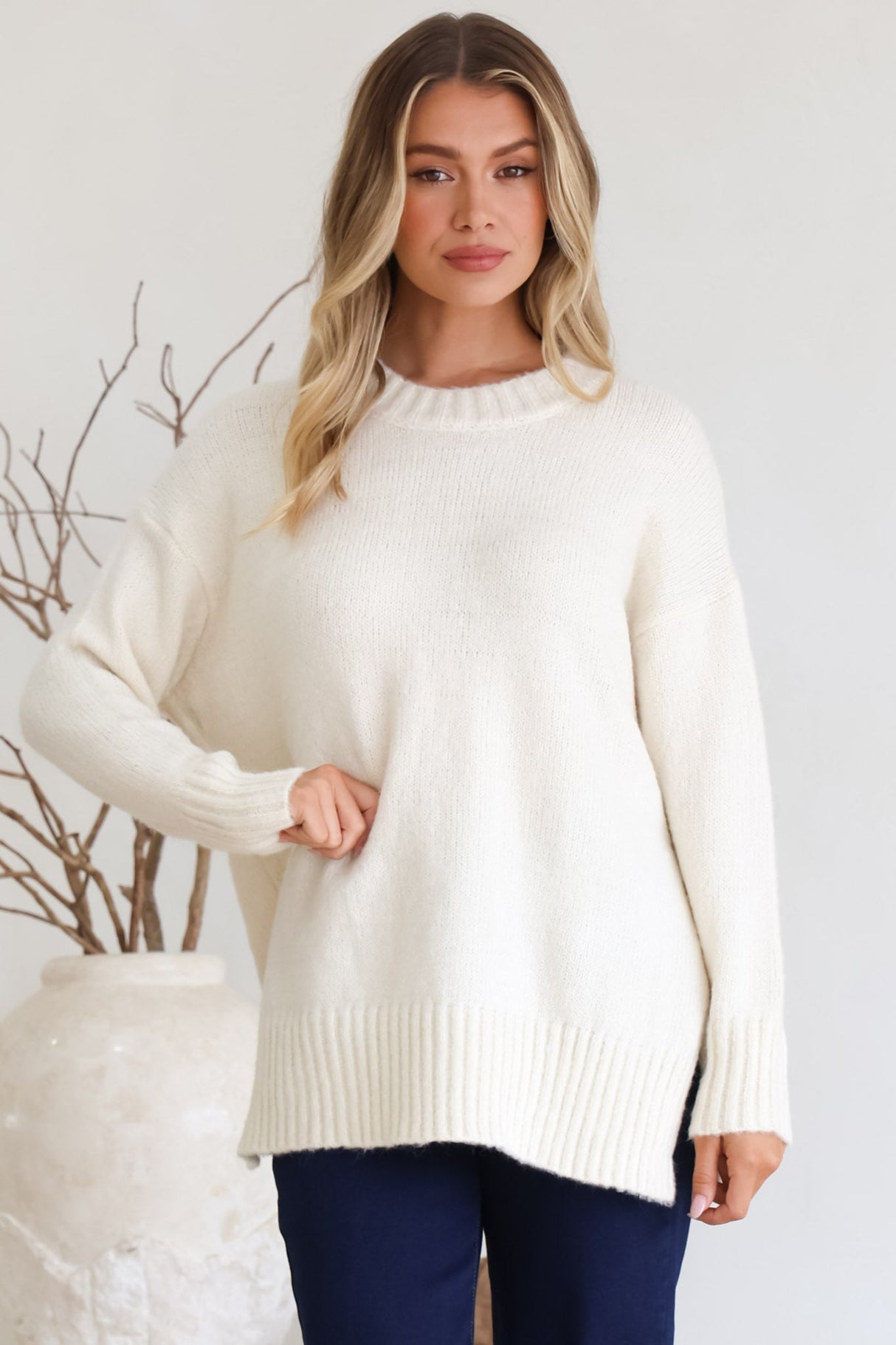 Sammy Jumper - Crew Neck Ribbed Shark Bite Hemline Jumper in Cream