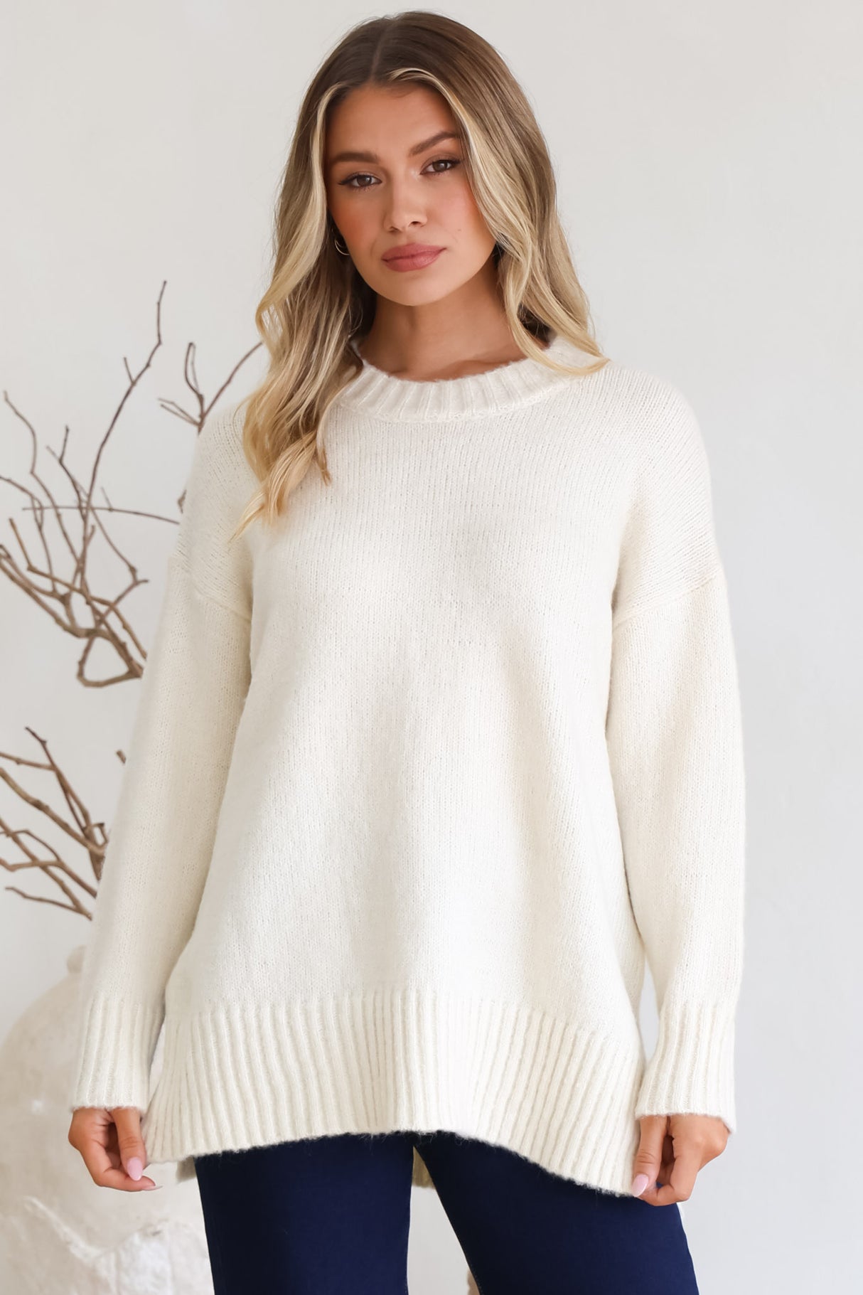 Sammy Jumper - Crew Neck Ribbed Shark Bite Hemline Jumper in Cream