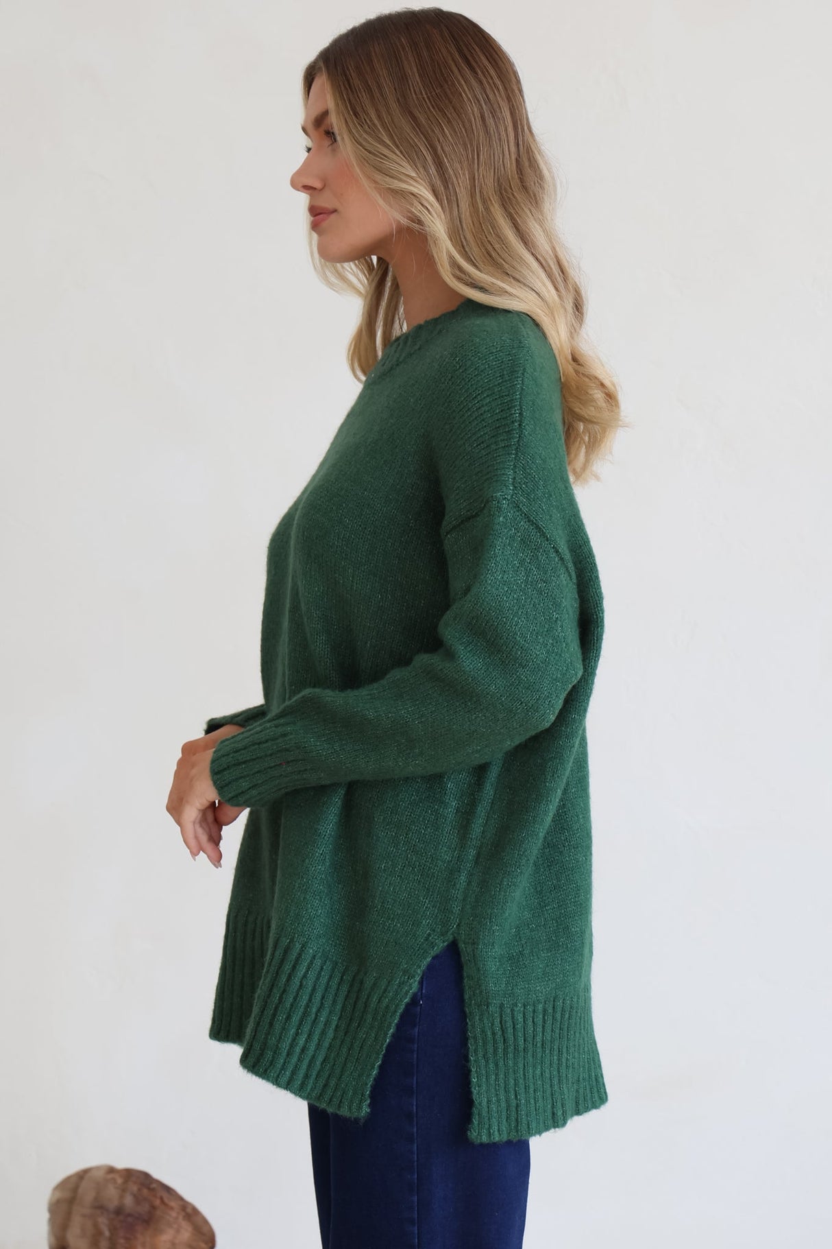 Sammy Jumper - Crew Neck Ribbed Shark Bite Hemline Jumper in Green