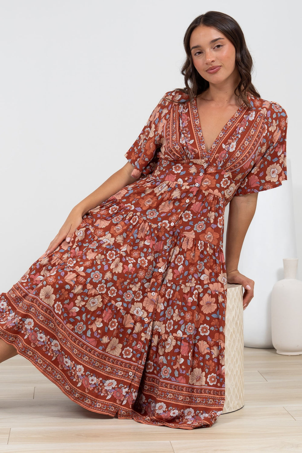 Sammy Midi Dress - V-Neck Buttoned Down with Bell Sleeves in Anissa Print Rust