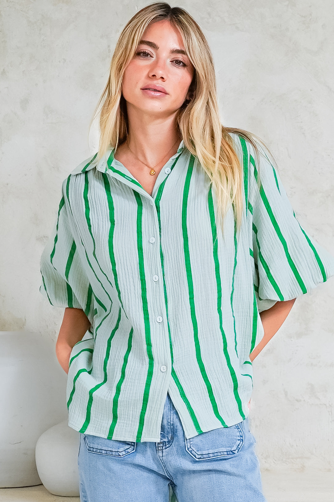 Samsara Shirt - Collared Oversized Button Down with Balloon Sleeves in Green Stripe