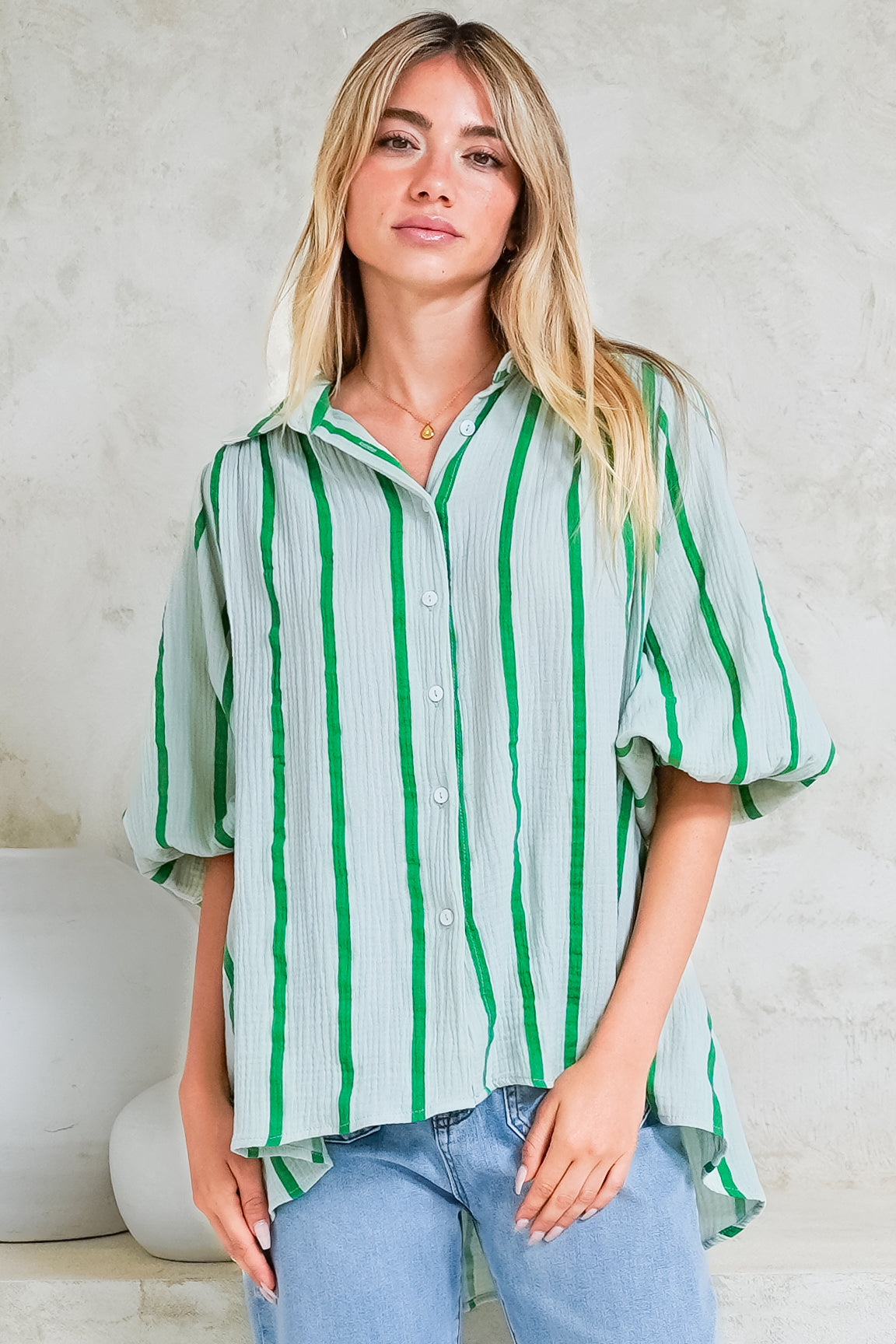 Samsara Shirt - Collared Oversized Button Down with Balloon Sleeves in Green Stripe