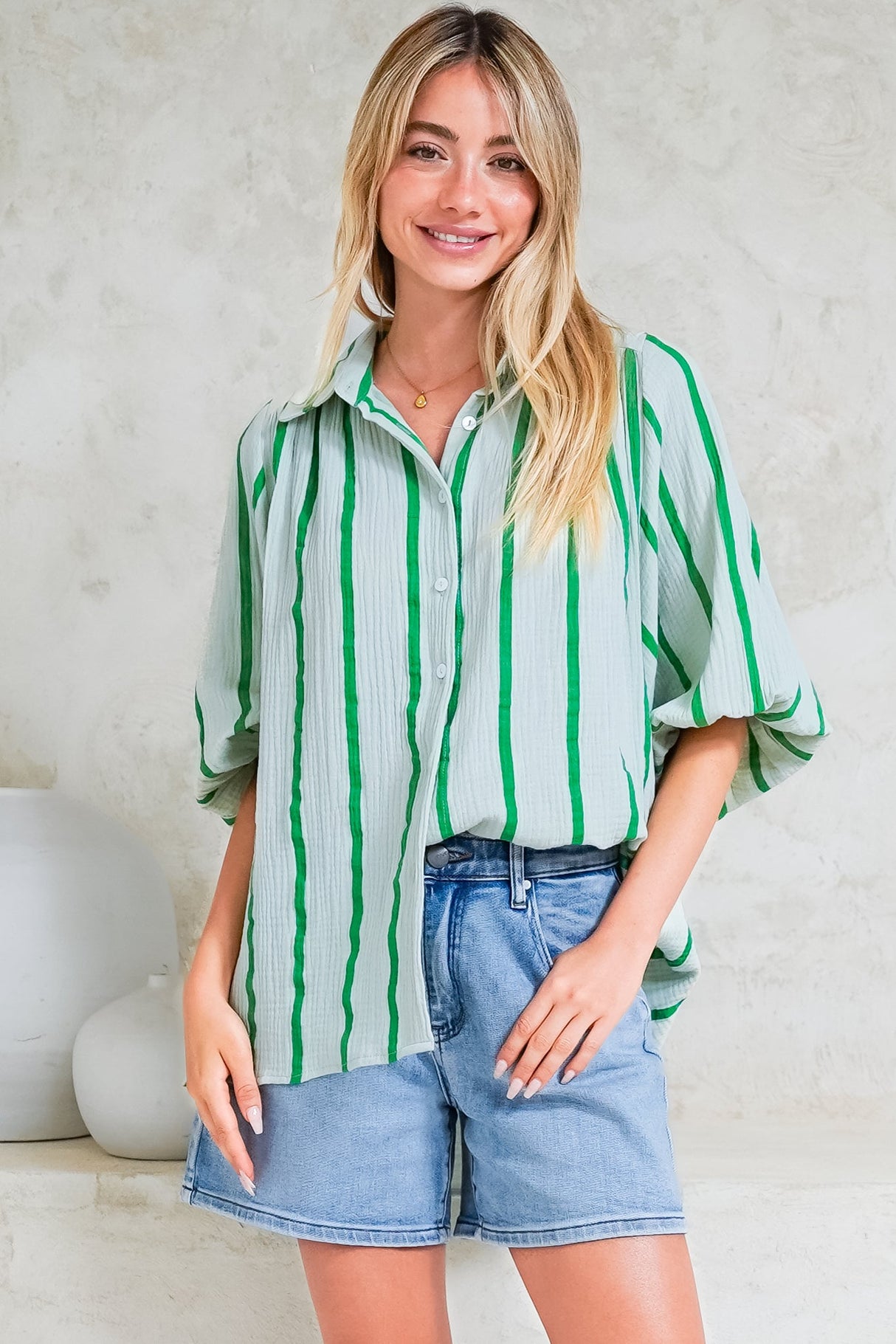 Samsara Shirt - Collared Oversized Button Down with Balloon Sleeves in Green Stripe
