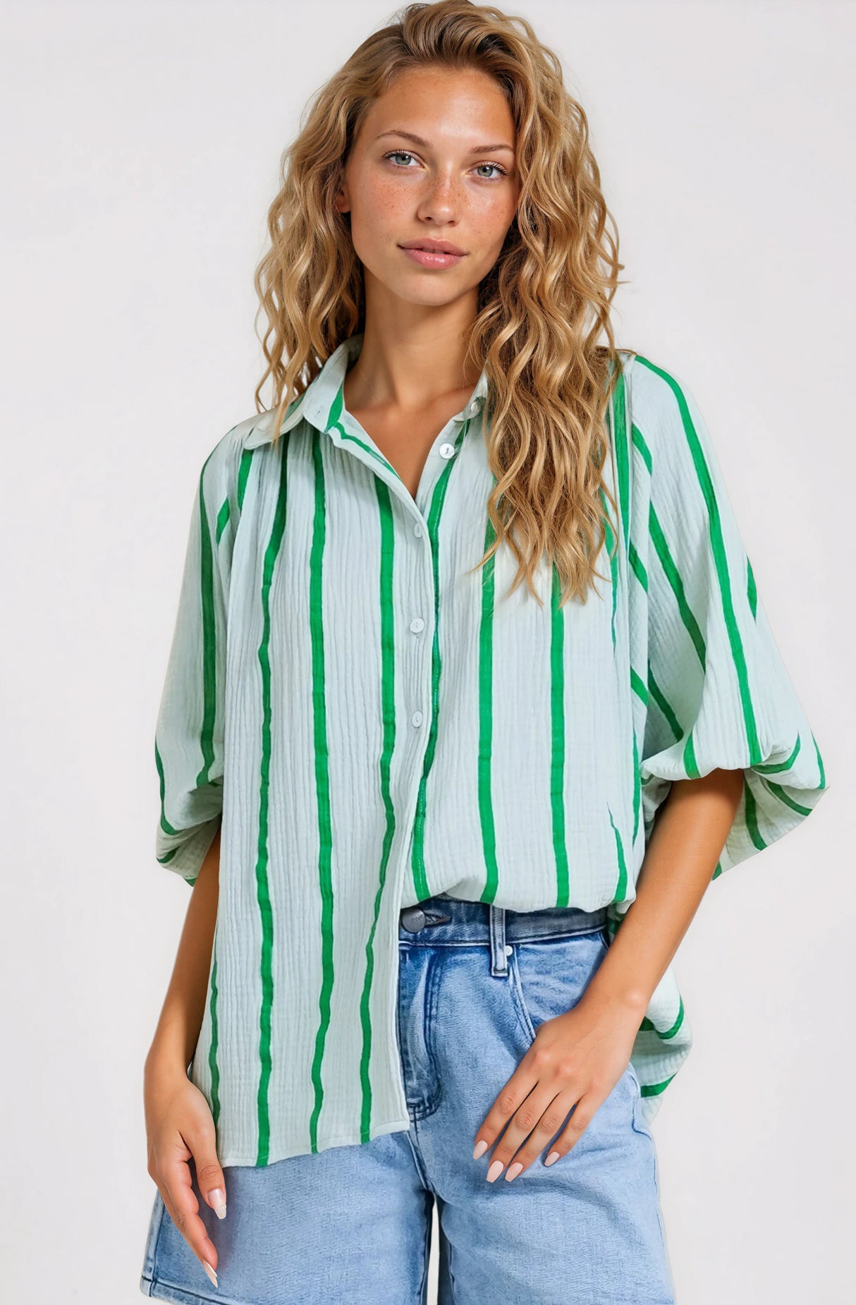 Samsara Shirt - Collared Oversized Button Down with Balloon Sleeves in Green Stripe